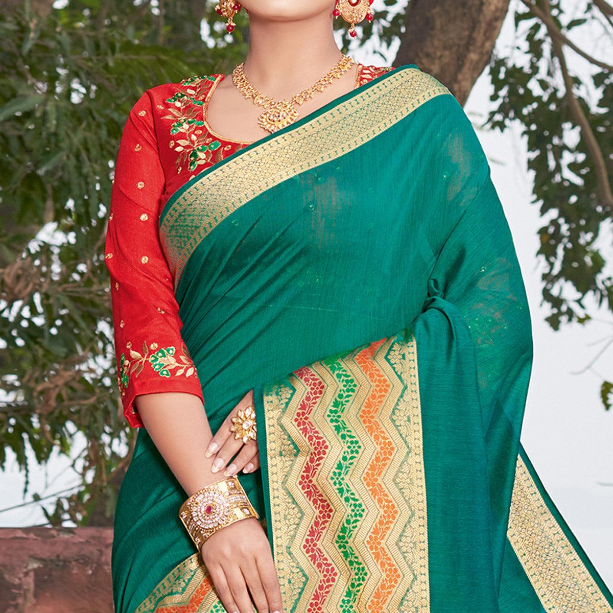 Mesmeric Turquoise Green Colored Festive Wear Woven Handloom Silk Saree - Peachmode