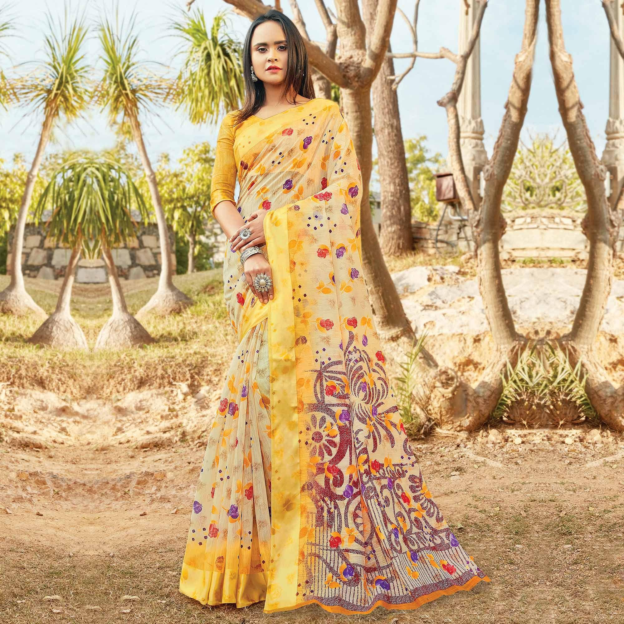 Mesmeric Yellow Colored Casual Wear Printed Cotton Saree - Peachmode
