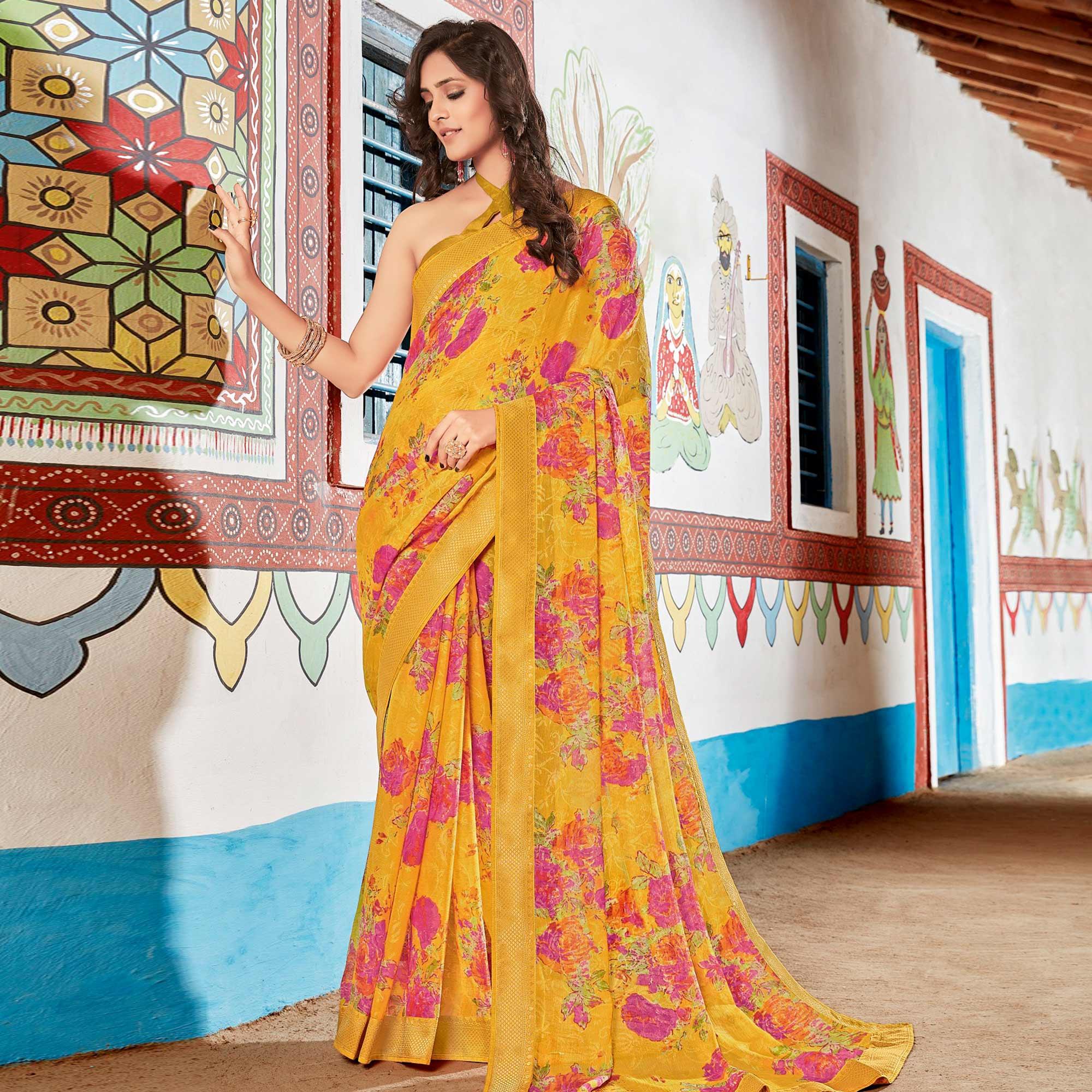 Mesmeric Yellow Coloured Partywear Printed Brasso Saree - Peachmode