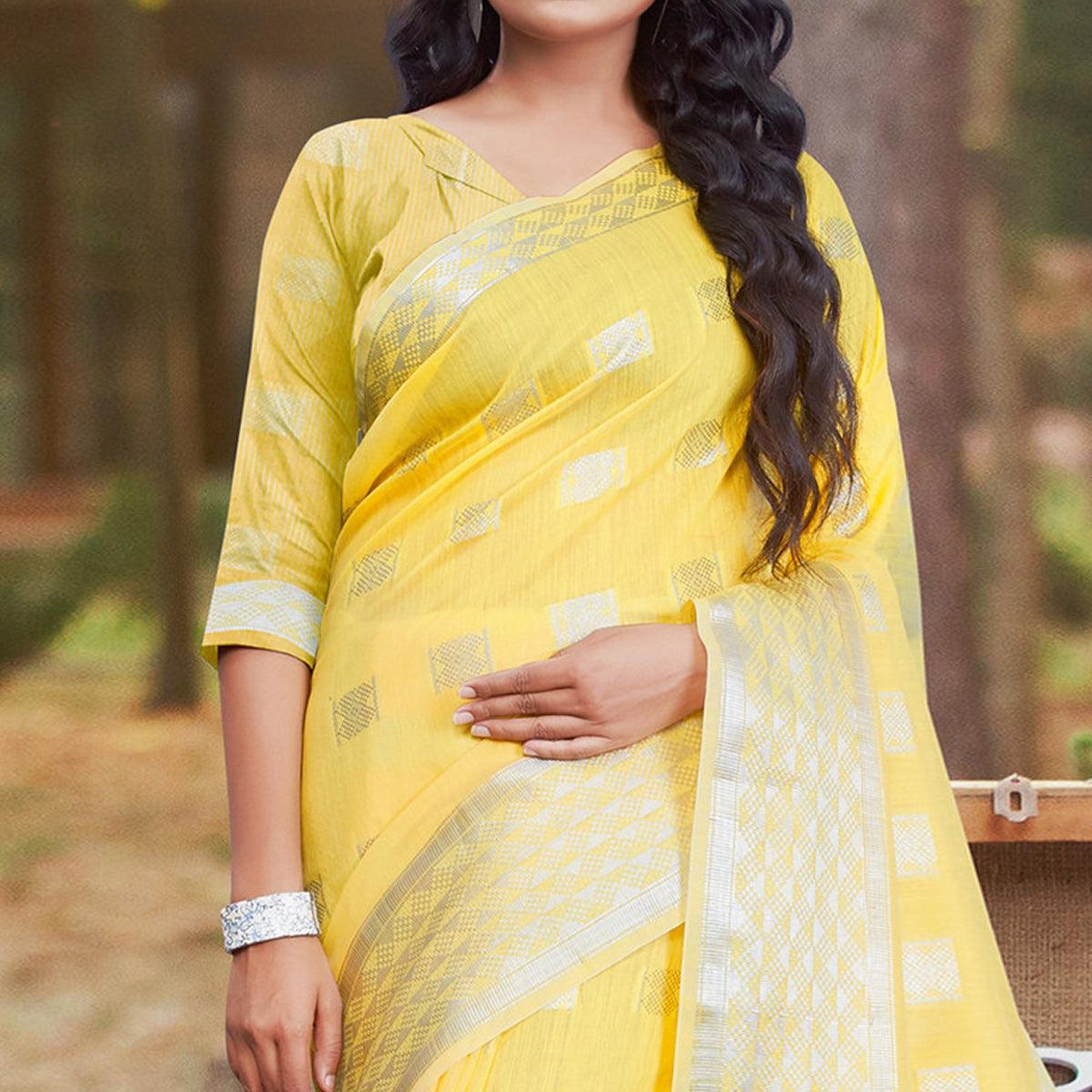 Mesmeric Yellow Coloured Partywear Woven Linen Cotton Saree - Peachmode