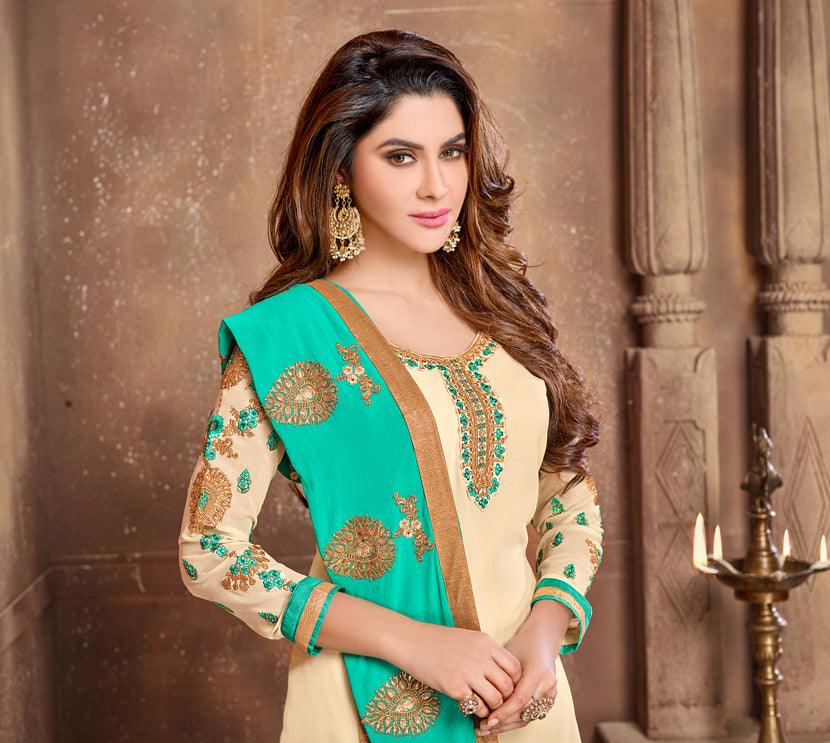 Mesmerising Beige Colored Partywear Embroidered Georgette Suit - Peachmode