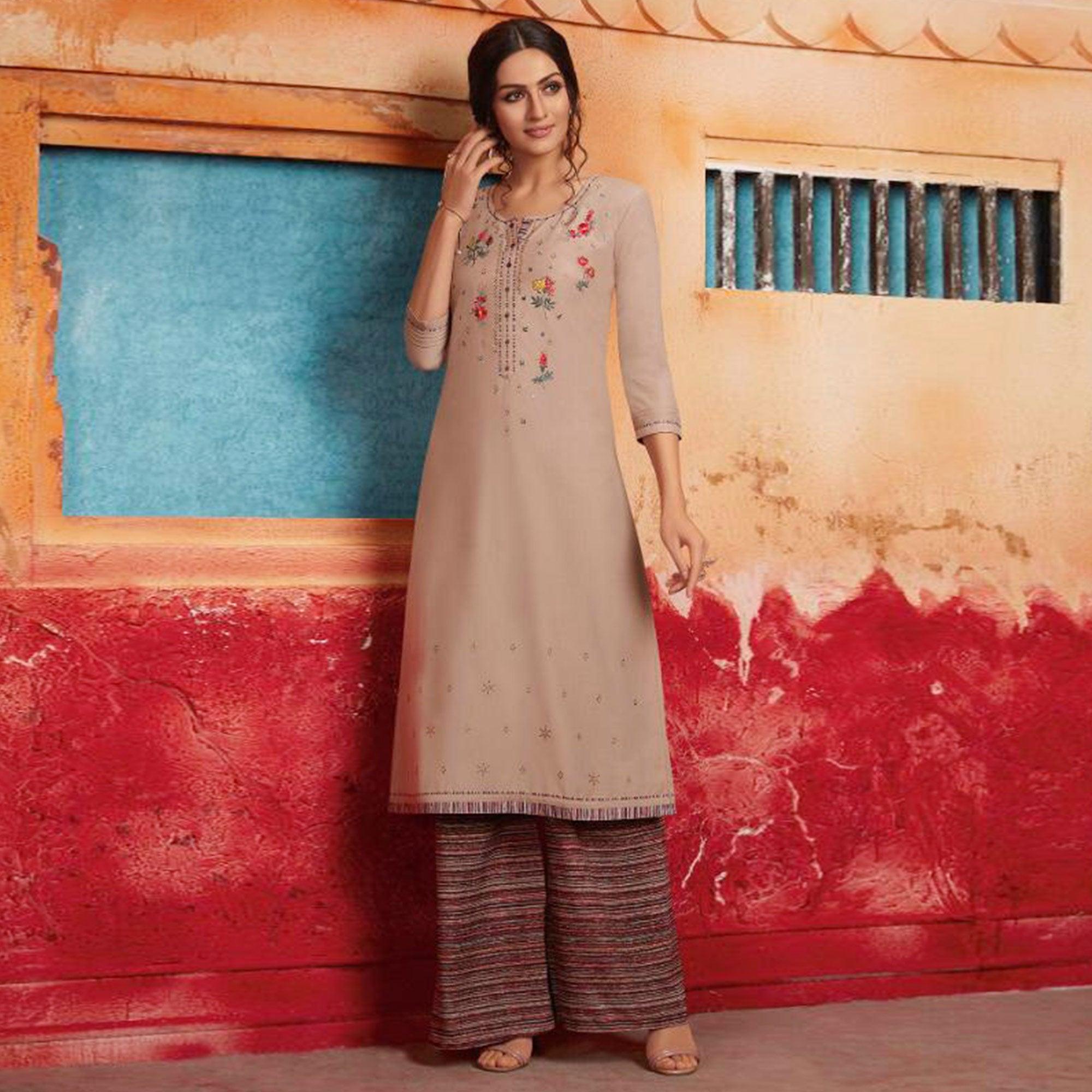 Mesmerising Beige Colored Partywear Embroidered Pure Muslin-Silk Kurti-Palazzo Set - Peachmode