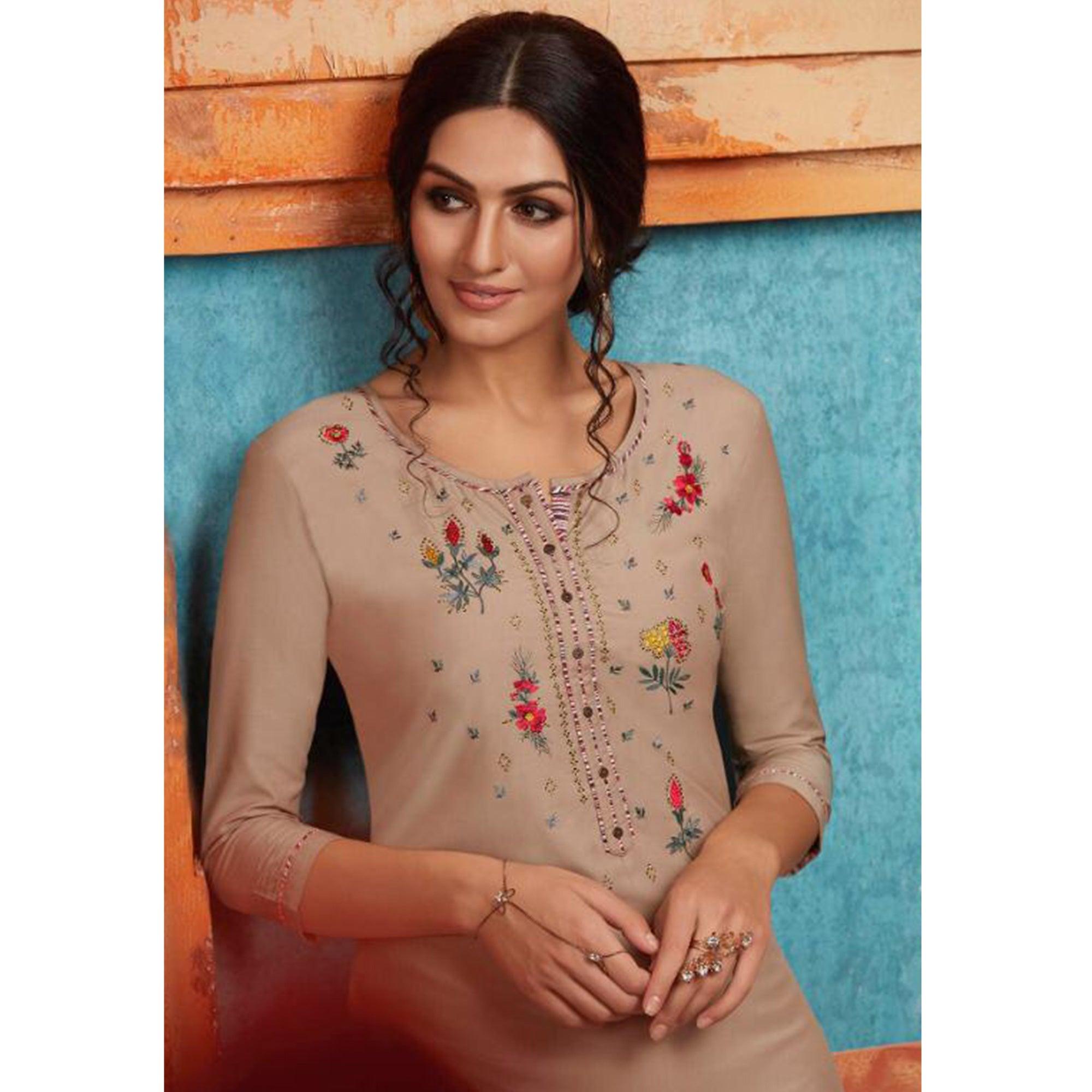 Mesmerising Beige Colored Partywear Embroidered Pure Muslin-Silk Kurti-Palazzo Set - Peachmode