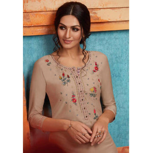 Mesmerising Beige Colored Partywear Embroidered Pure Muslin-Silk Kurti-Palazzo Set - Peachmode