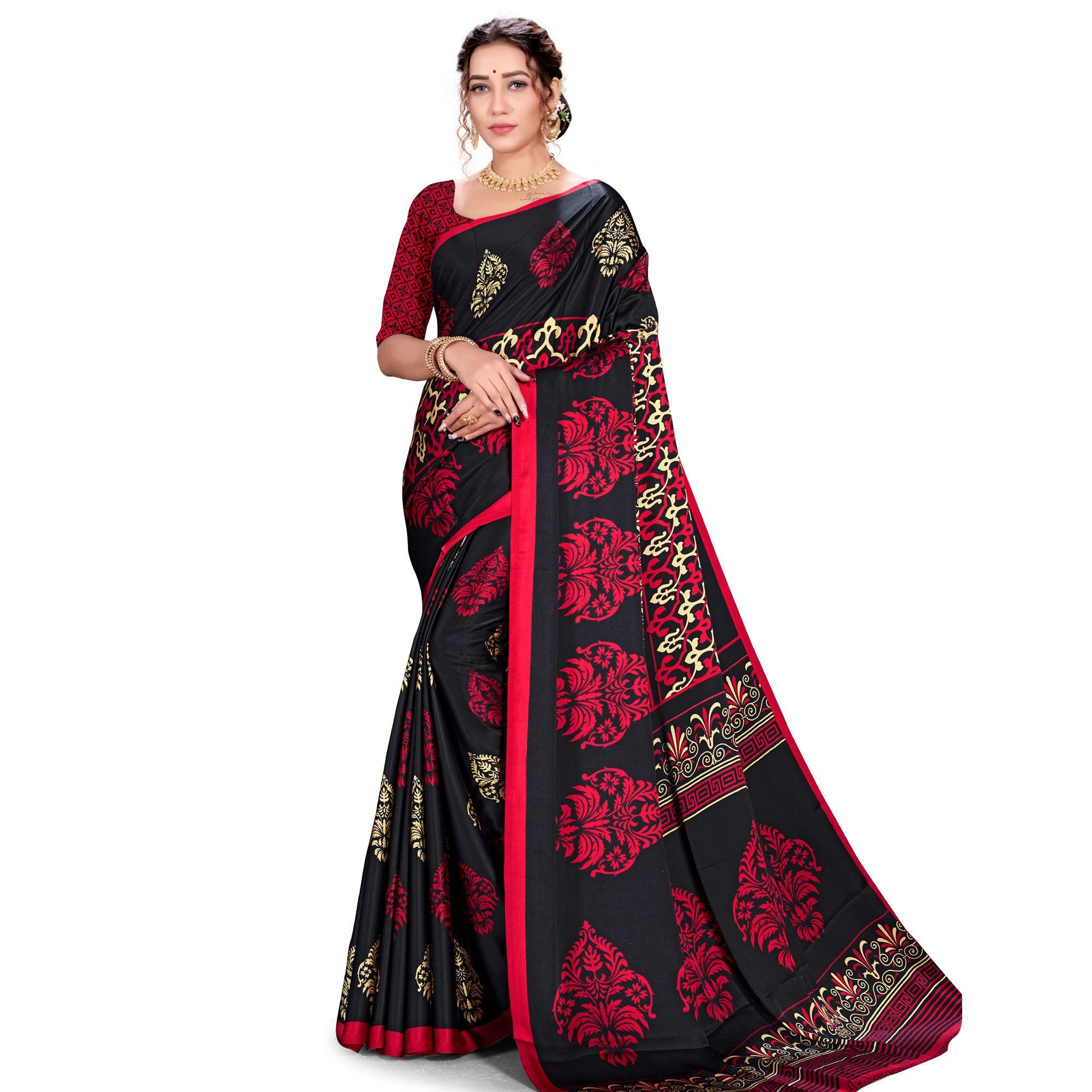 Mesmerising Black Colored Festive Wear Printed Satin Crepe Saree - Peachmode