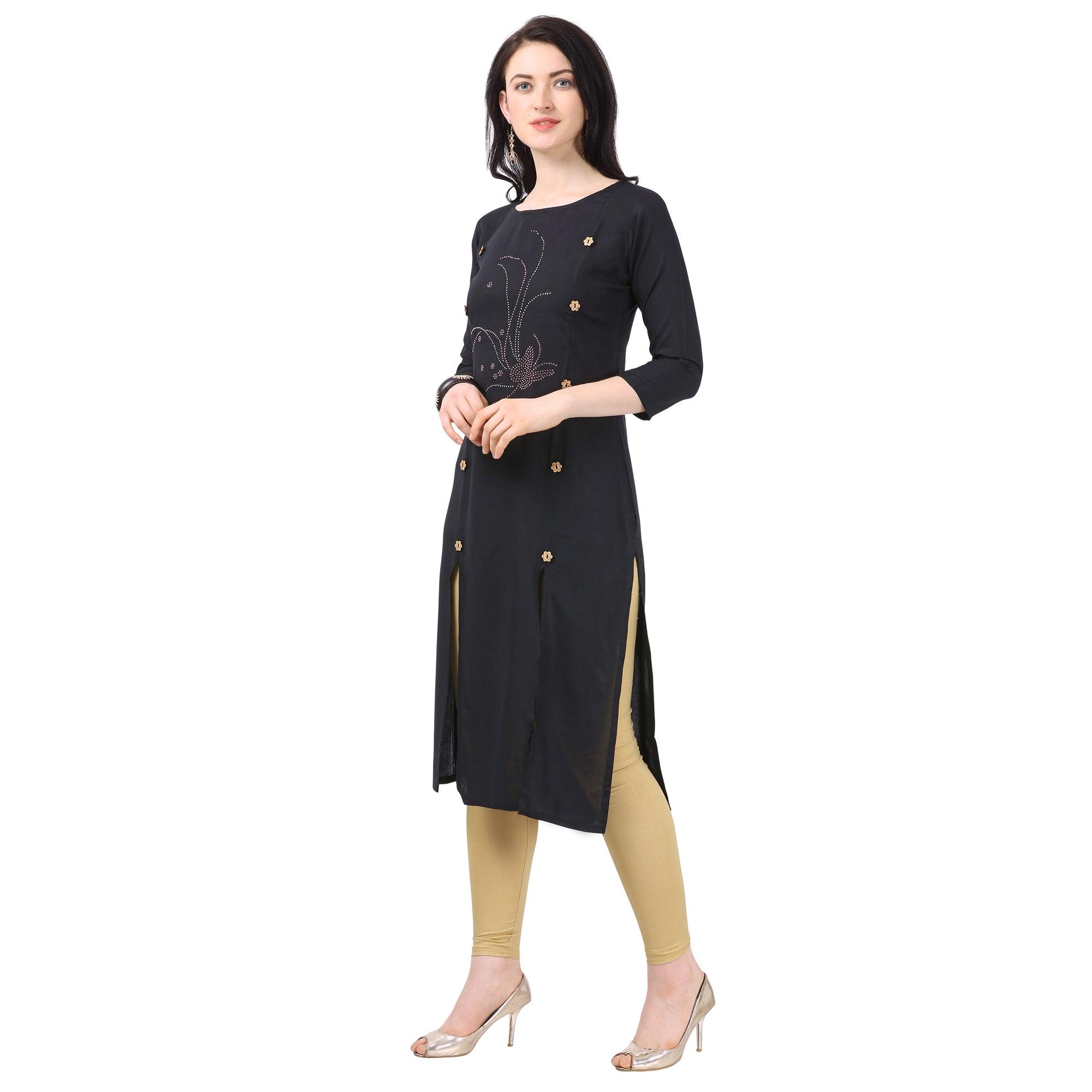 Mesmerising Black Colored Partywear Embellished Rayon Kurti - Peachmode