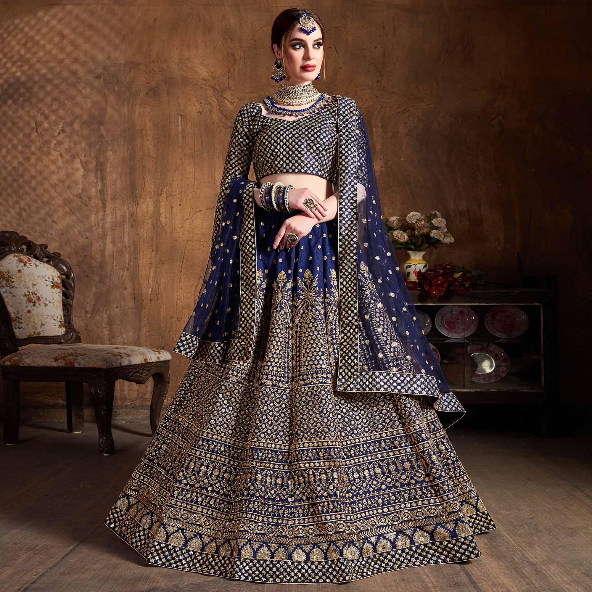 Mesmerising Blue Colored Designer Embroidered Banglori Silk Lehenga Choli - Peachmode