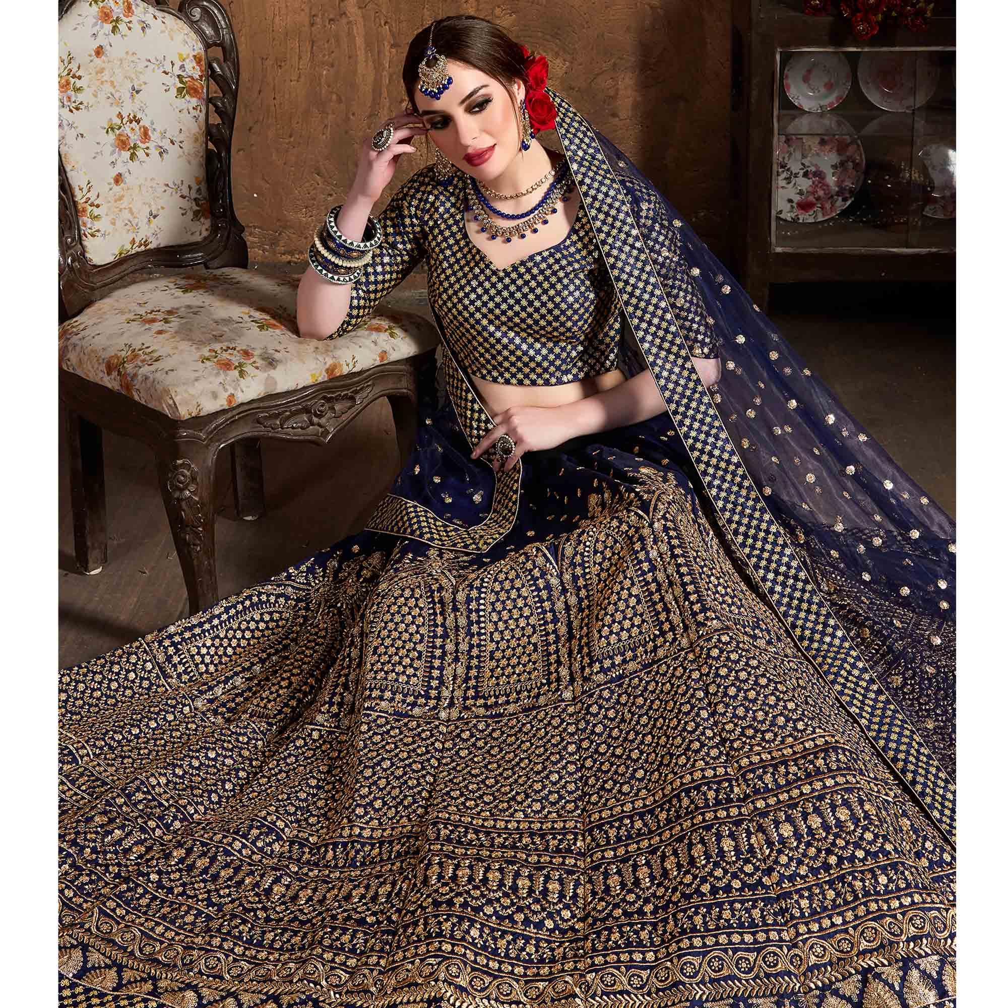 Mesmerising Blue Colored Designer Embroidered Banglori Silk Lehenga Choli - Peachmode
