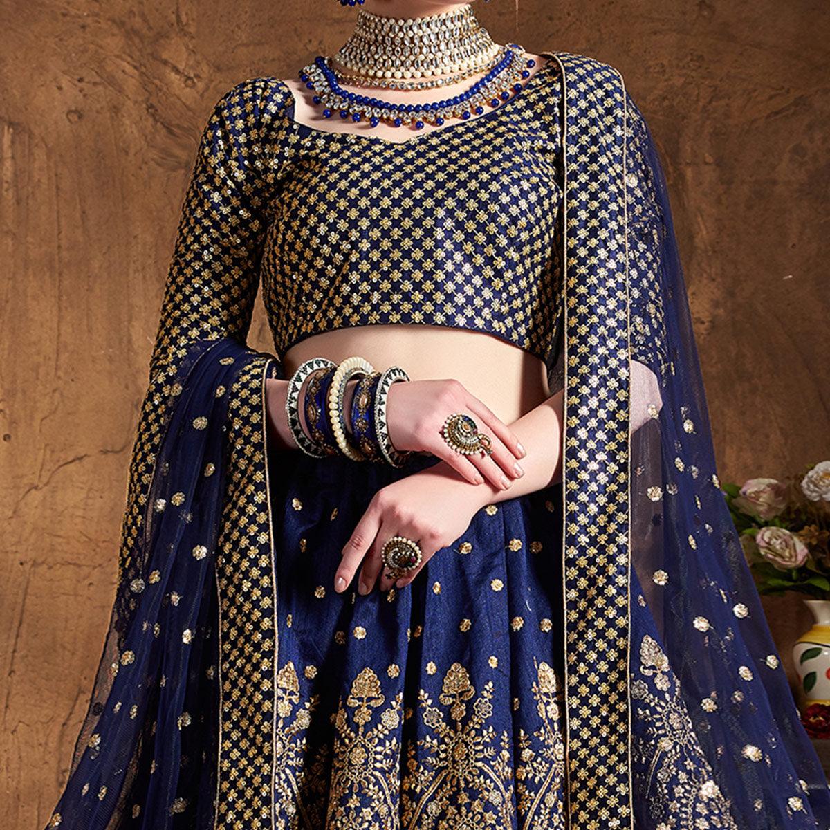 Mesmerising Blue Colored Designer Embroidered Banglori Silk Lehenga Choli - Peachmode