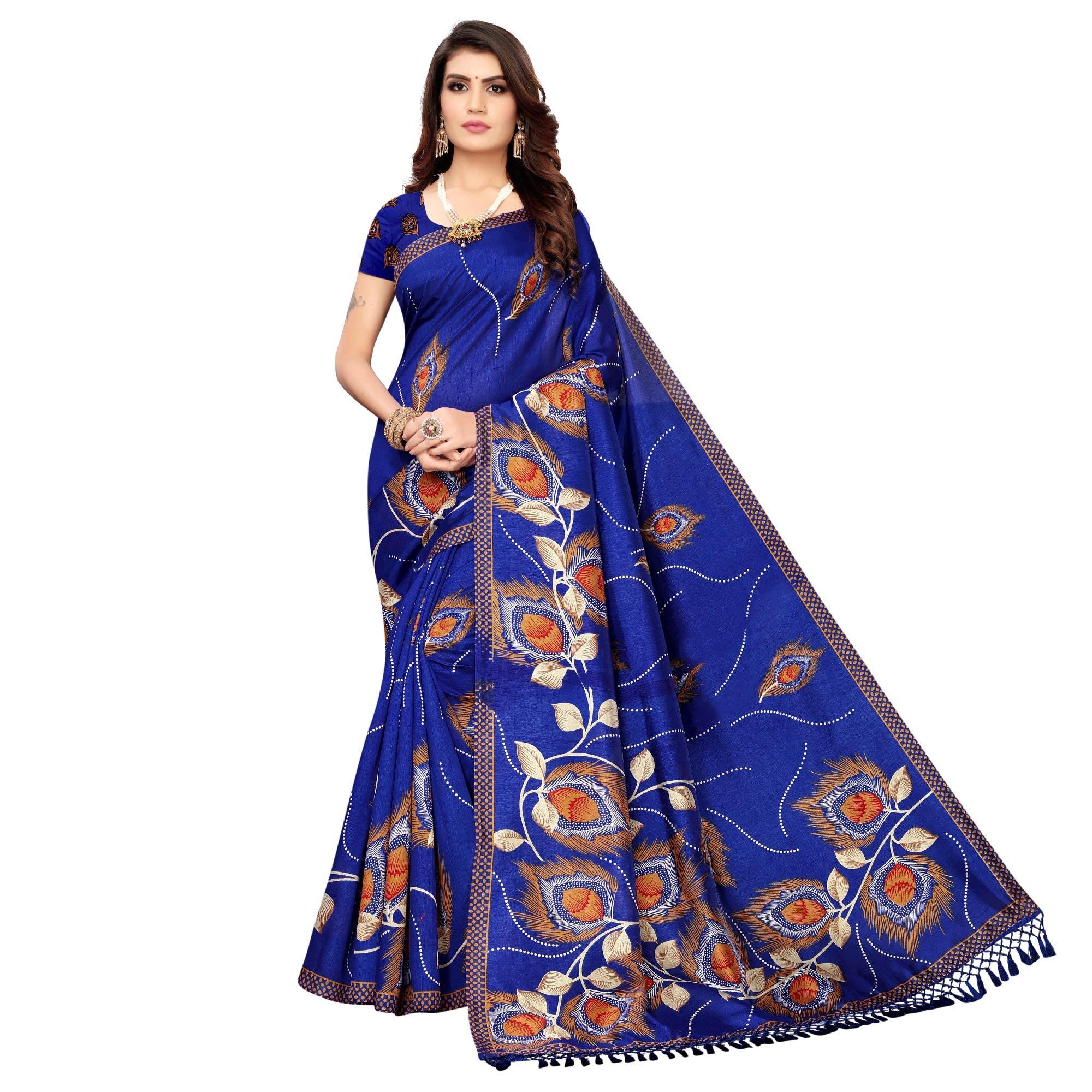 Mesmerising Blue Colored Festive Wear Printed Art Silk Saree - Peachmode