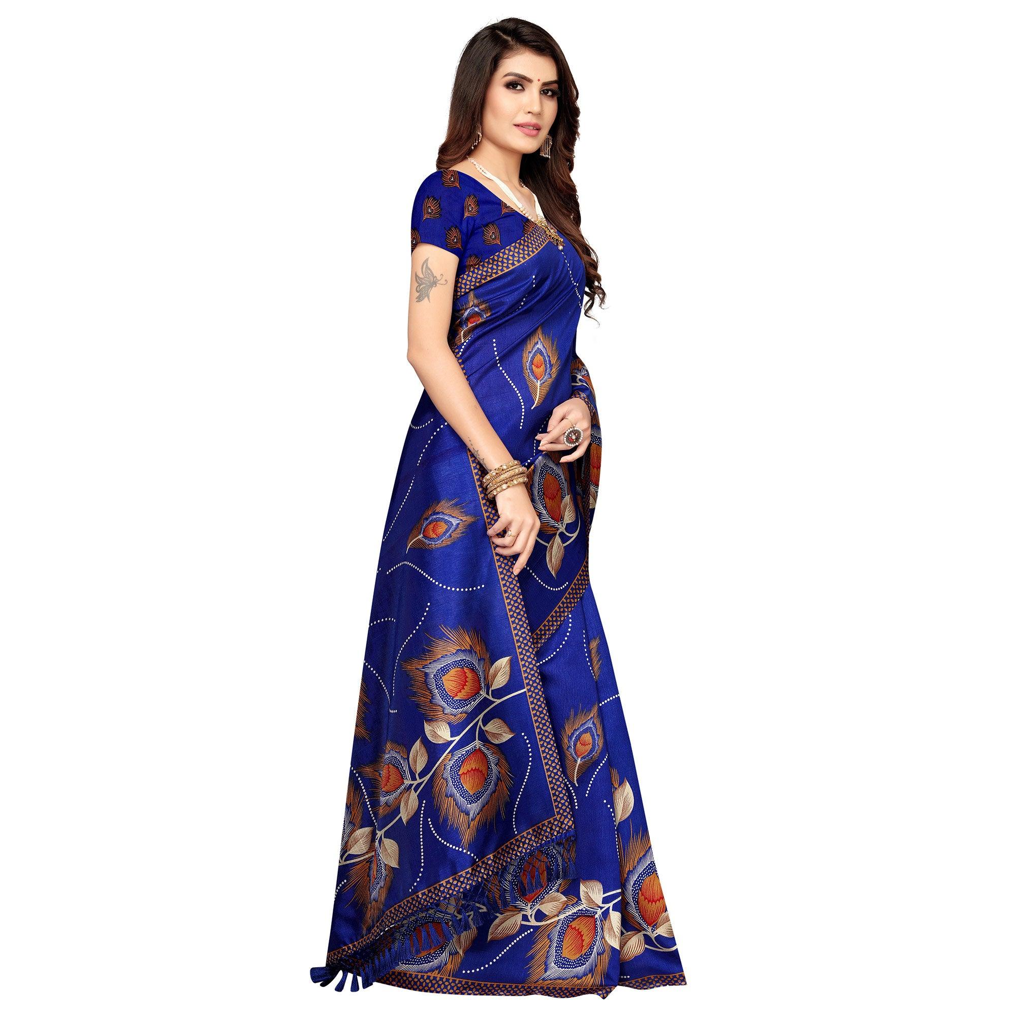 Mesmerising Blue Colored Festive Wear Printed Art Silk Saree - Peachmode