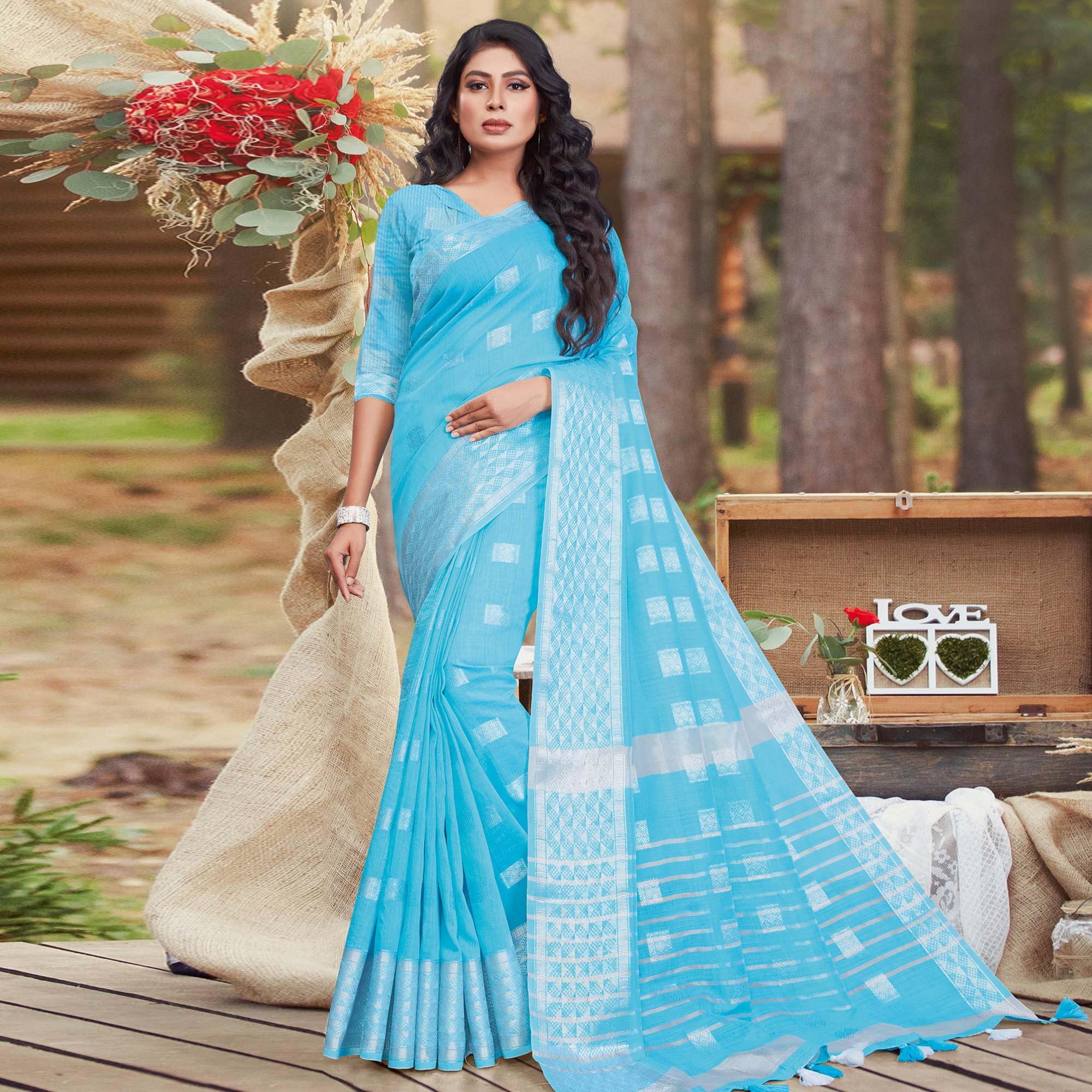 Mesmerising Blue Coloured Partywear Woven Linen Cotton Saree - Peachmode