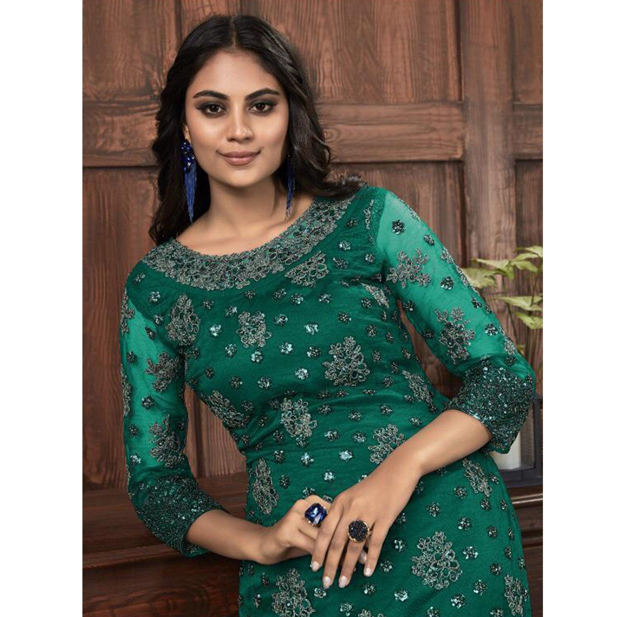 Mesmerising Bottle Green Colored Partywear Embroidered Net Palazzo Suit - Peachmode