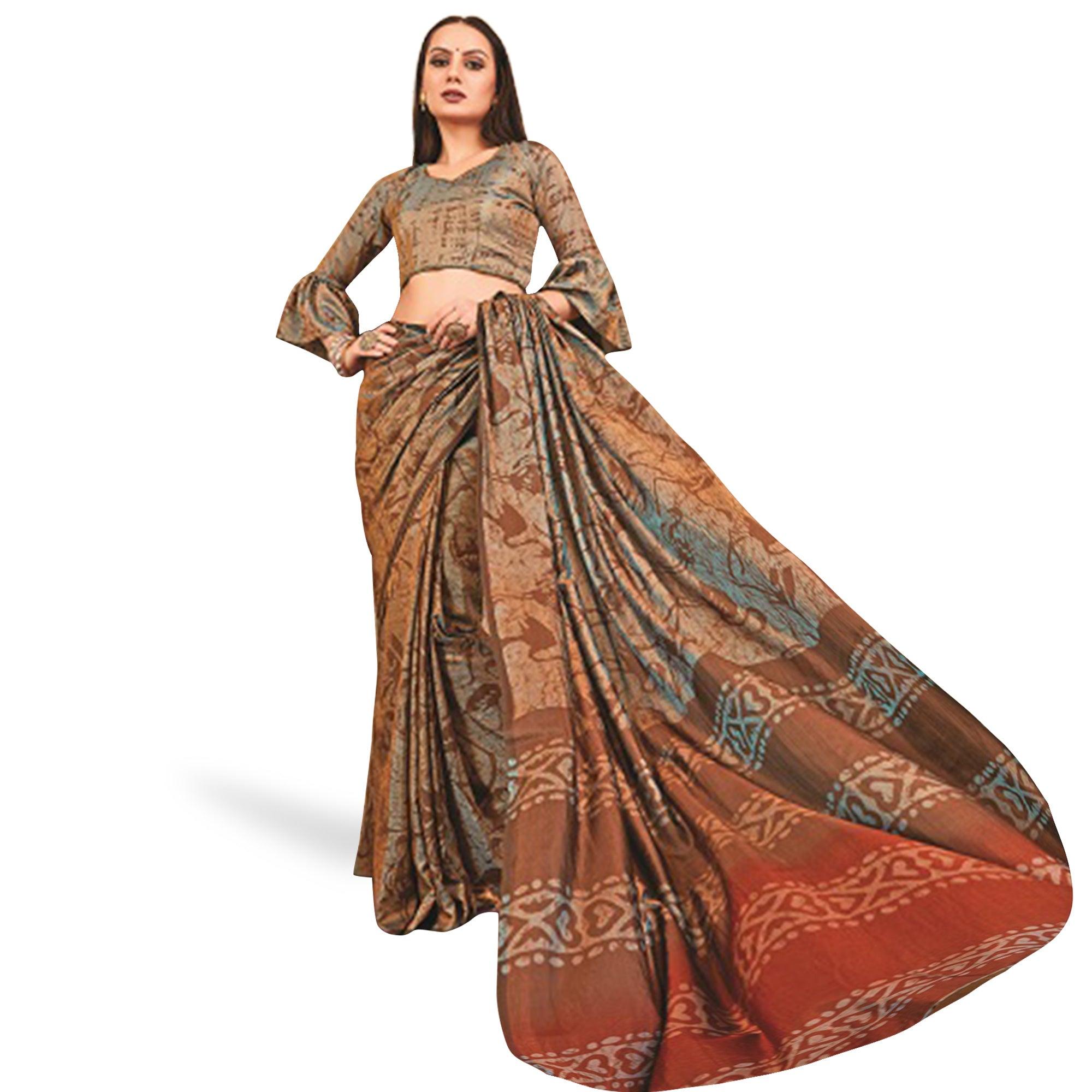 Mesmerising Brown Colored Casual Printed Art Silk Saree - Peachmode