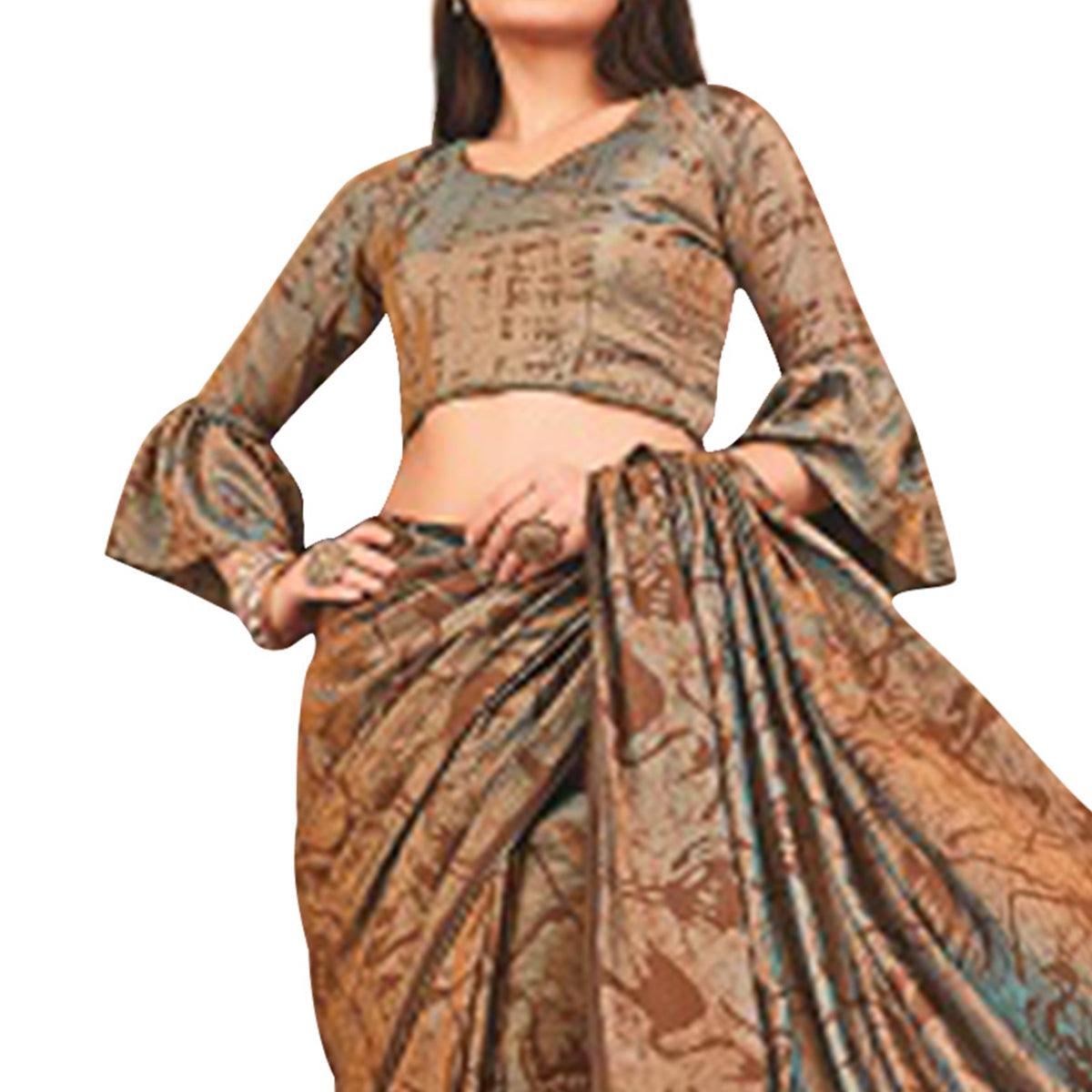 Mesmerising Brown Colored Casual Printed Art Silk Saree - Peachmode