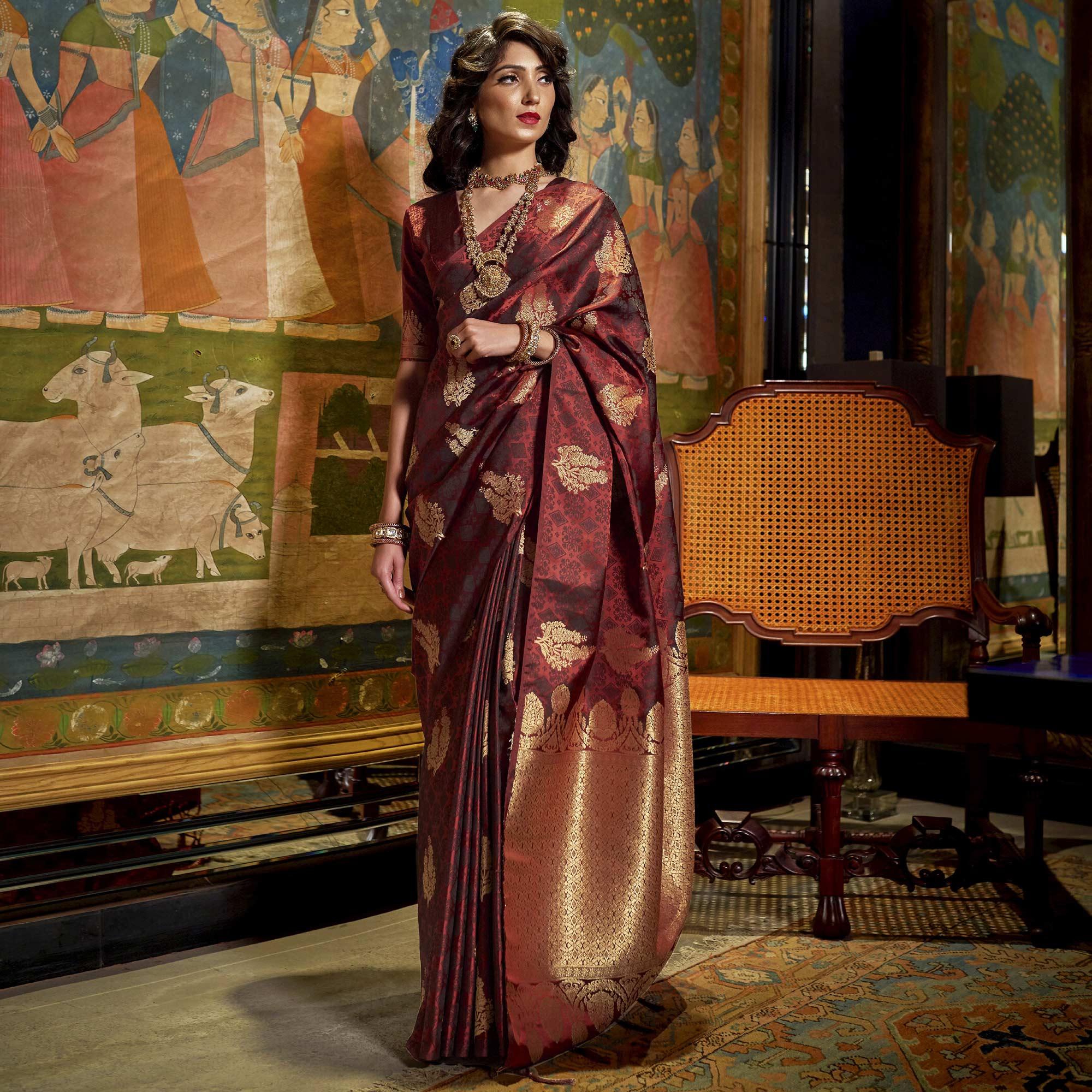 Mesmerising Brown Colored Festive Wear Weaving Pure Satin Saree - Peachmode