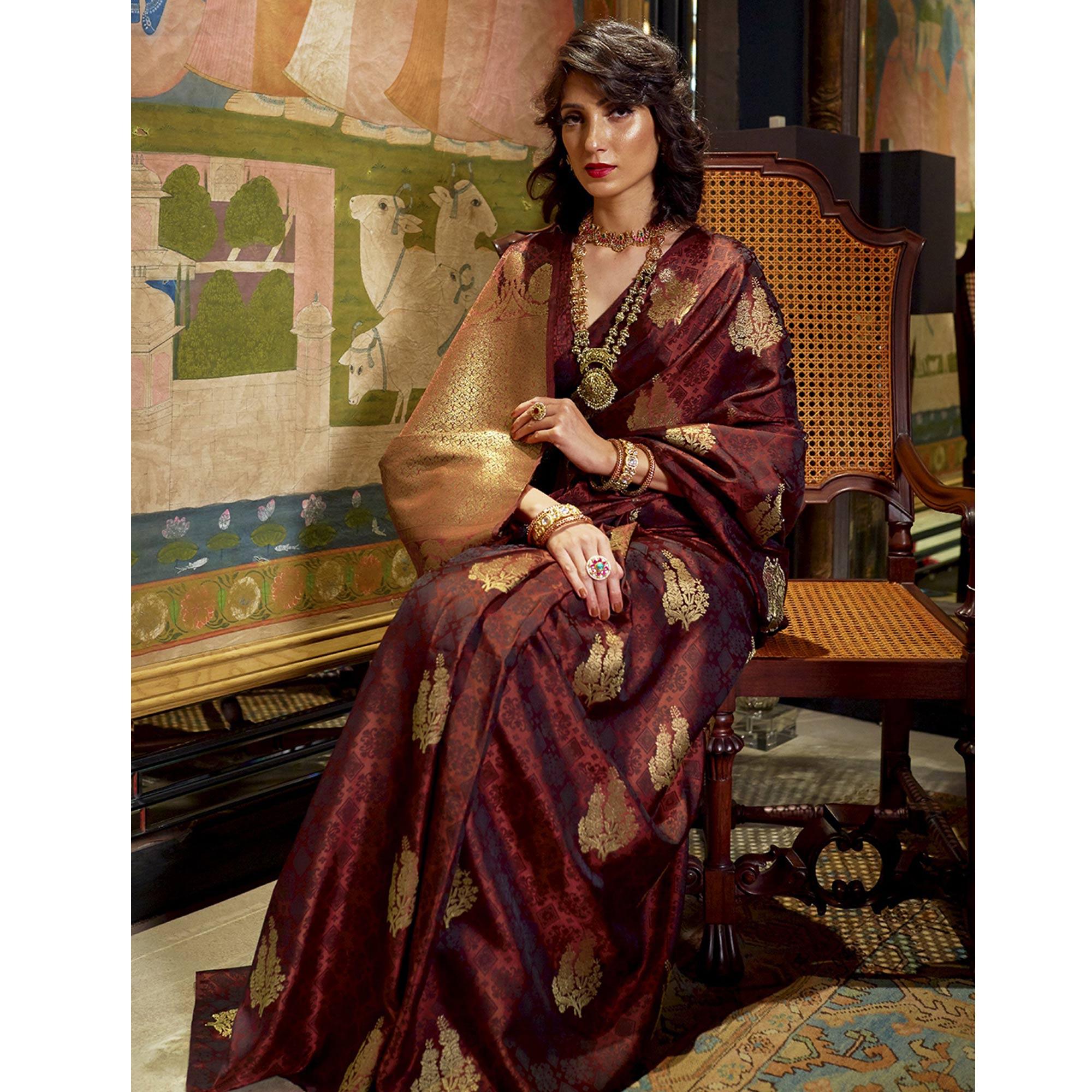 Mesmerising Brown Colored Festive Wear Weaving Pure Satin Saree - Peachmode