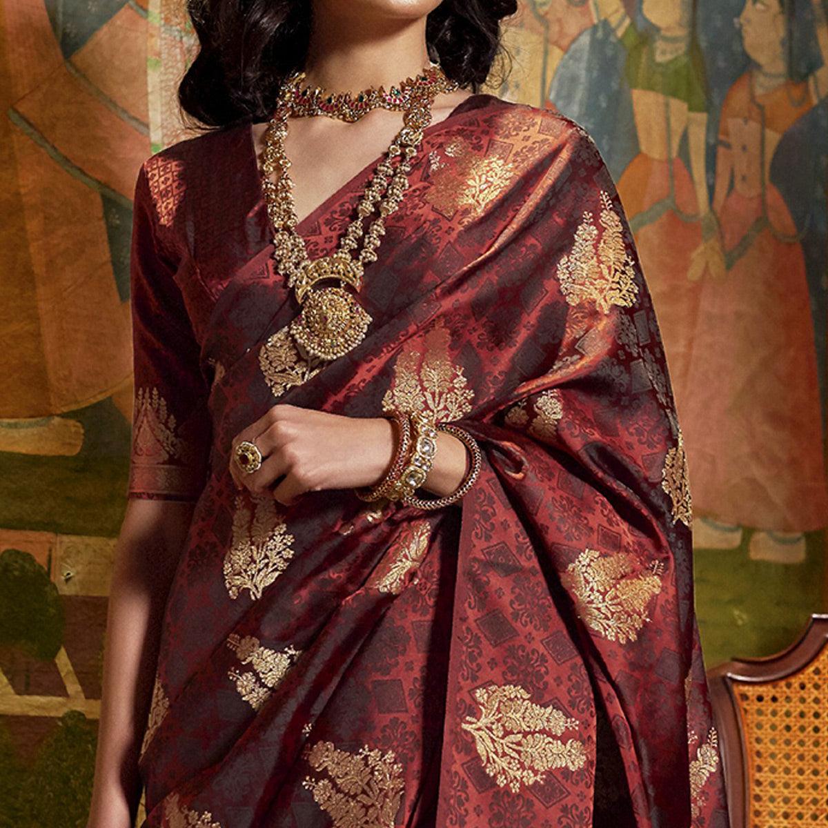 Mesmerising Brown Colored Festive Wear Weaving Pure Satin Saree - Peachmode