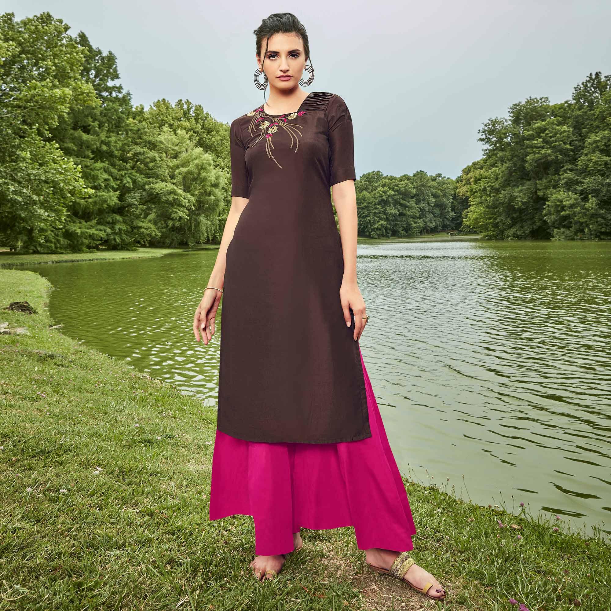 Mesmerising Brown Colored Partywear Hand Embroidered Muslin Silk Kurti-Palazzo Set - Peachmode