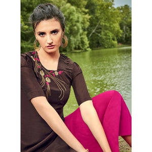 Mesmerising Brown Colored Partywear Hand Embroidered Muslin Silk Kurti-Palazzo Set - Peachmode