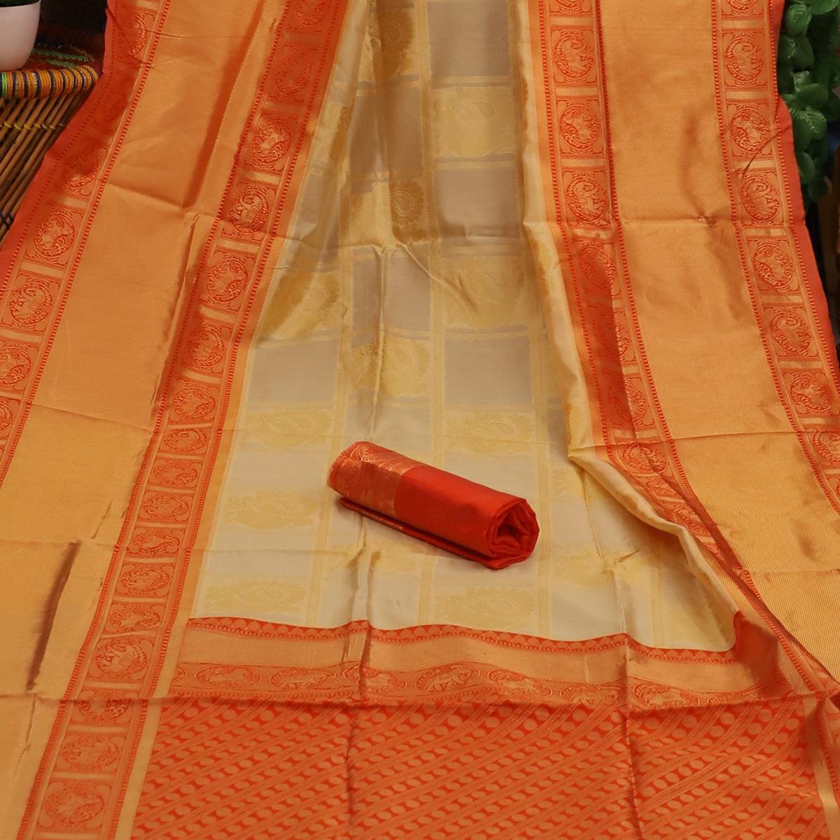 Mesmerising Cream Colored Festive Wear Woven Soft Silk Saree - Peachmode