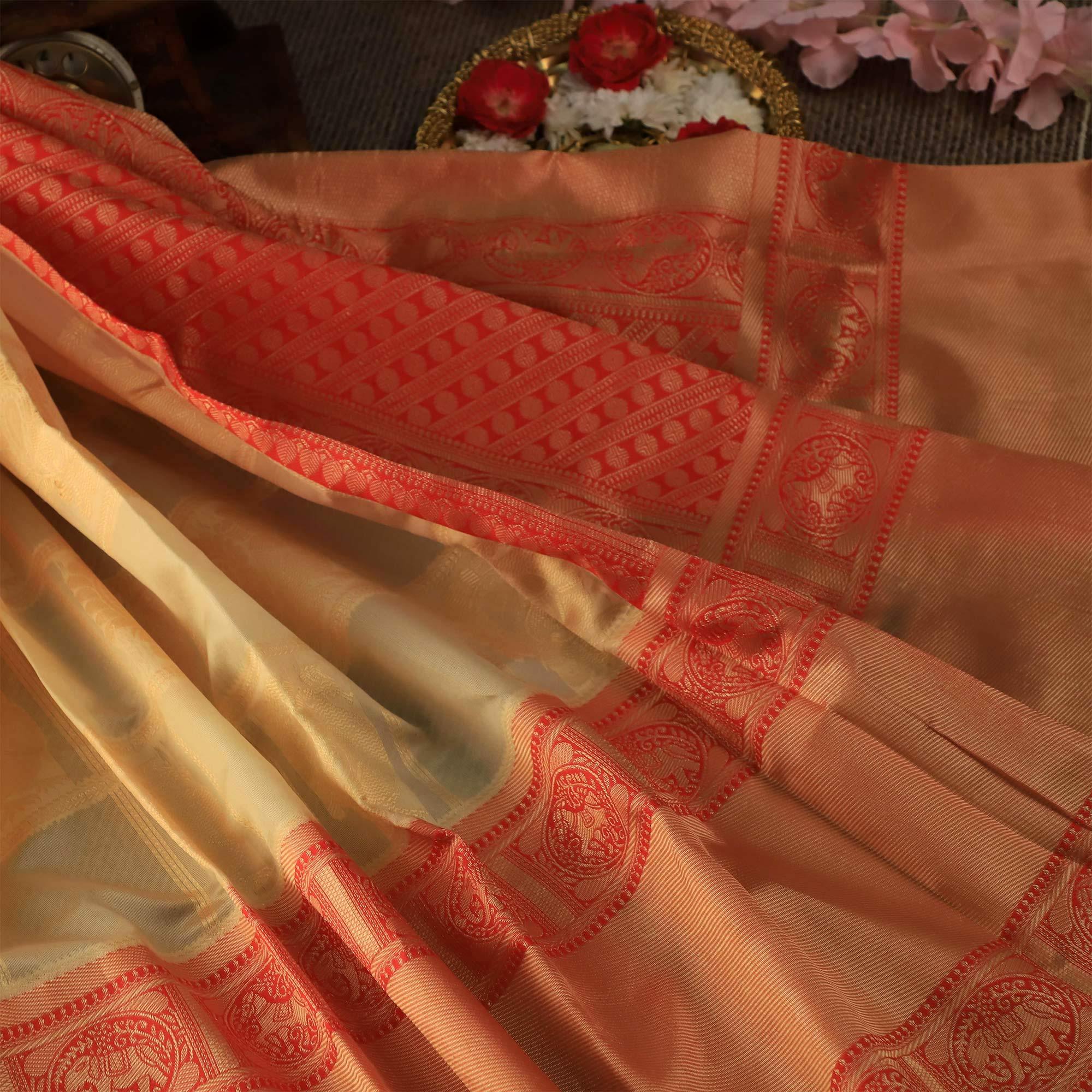 Mesmerising Cream Colored Festive Wear Woven Soft Silk Saree - Peachmode