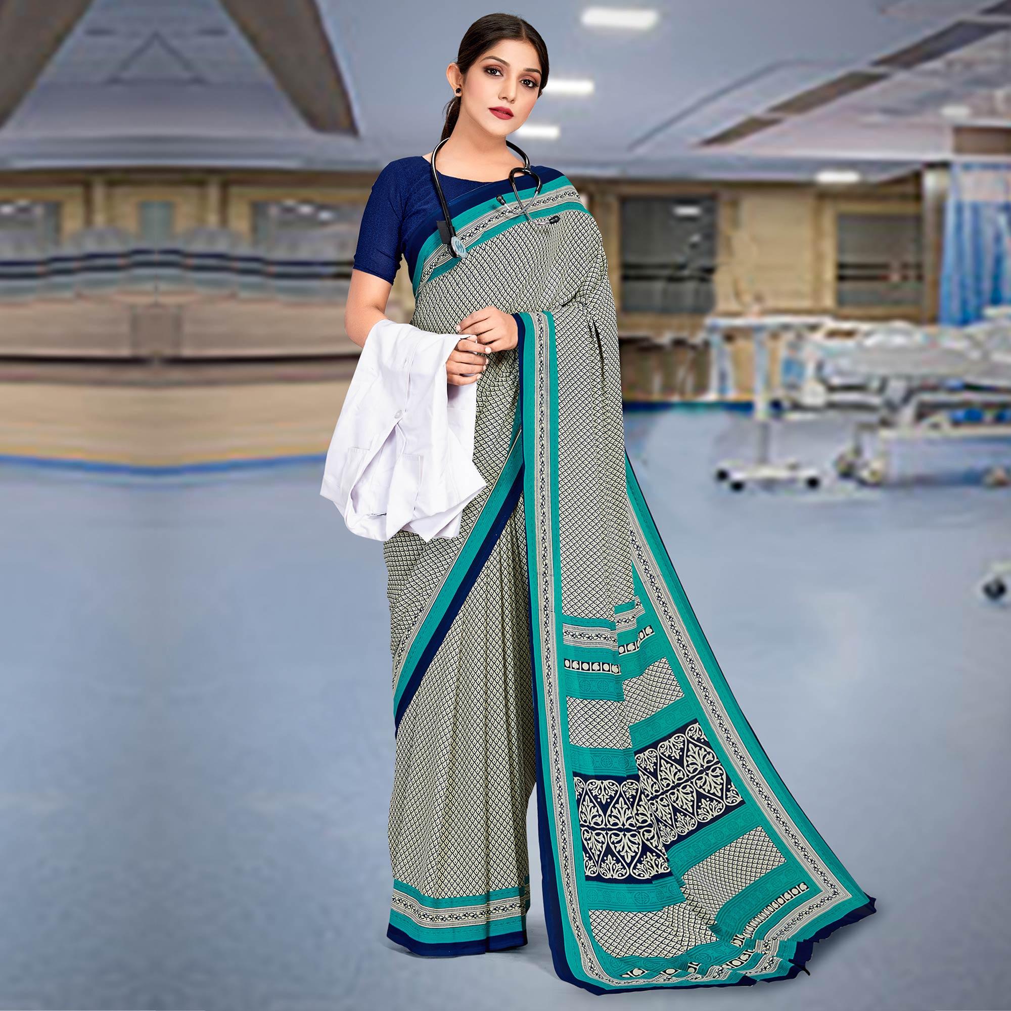 Mesmerising Cream Coloured Casual Wear Printed Georgette Saree - Peachmode