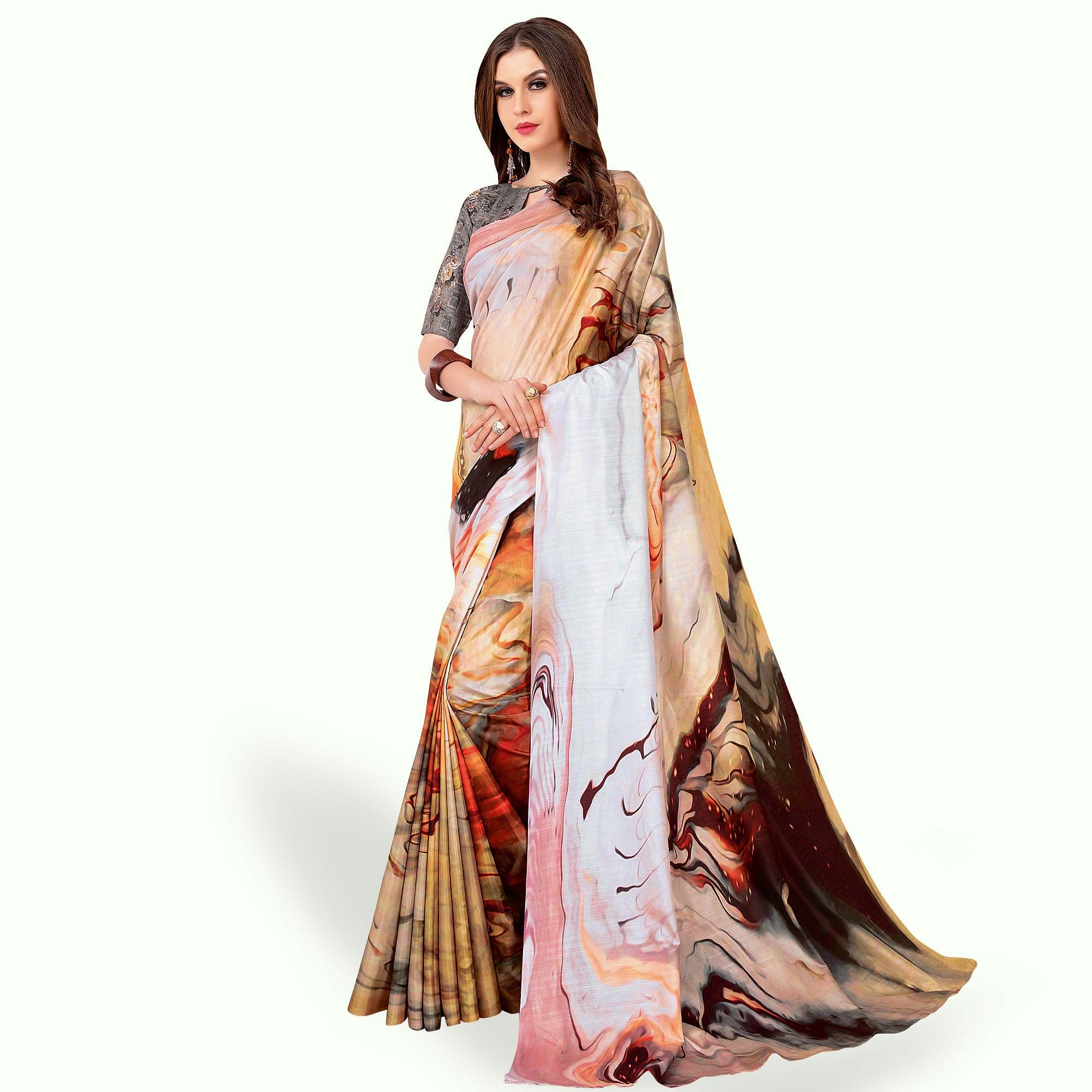 Mesmerising Cream - Multi Colored Casual Wear Printed Art Silk Saree - Peachmode