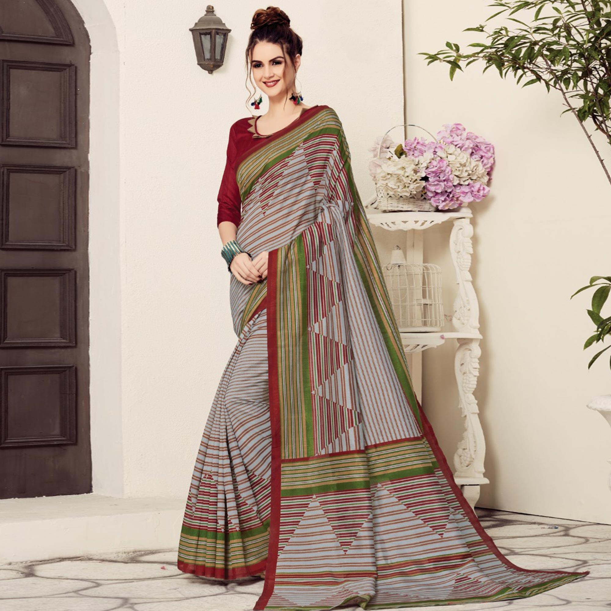 Mesmerising Gray Colored Casual Printed Bhagalpuri Silk Saree - Peachmode