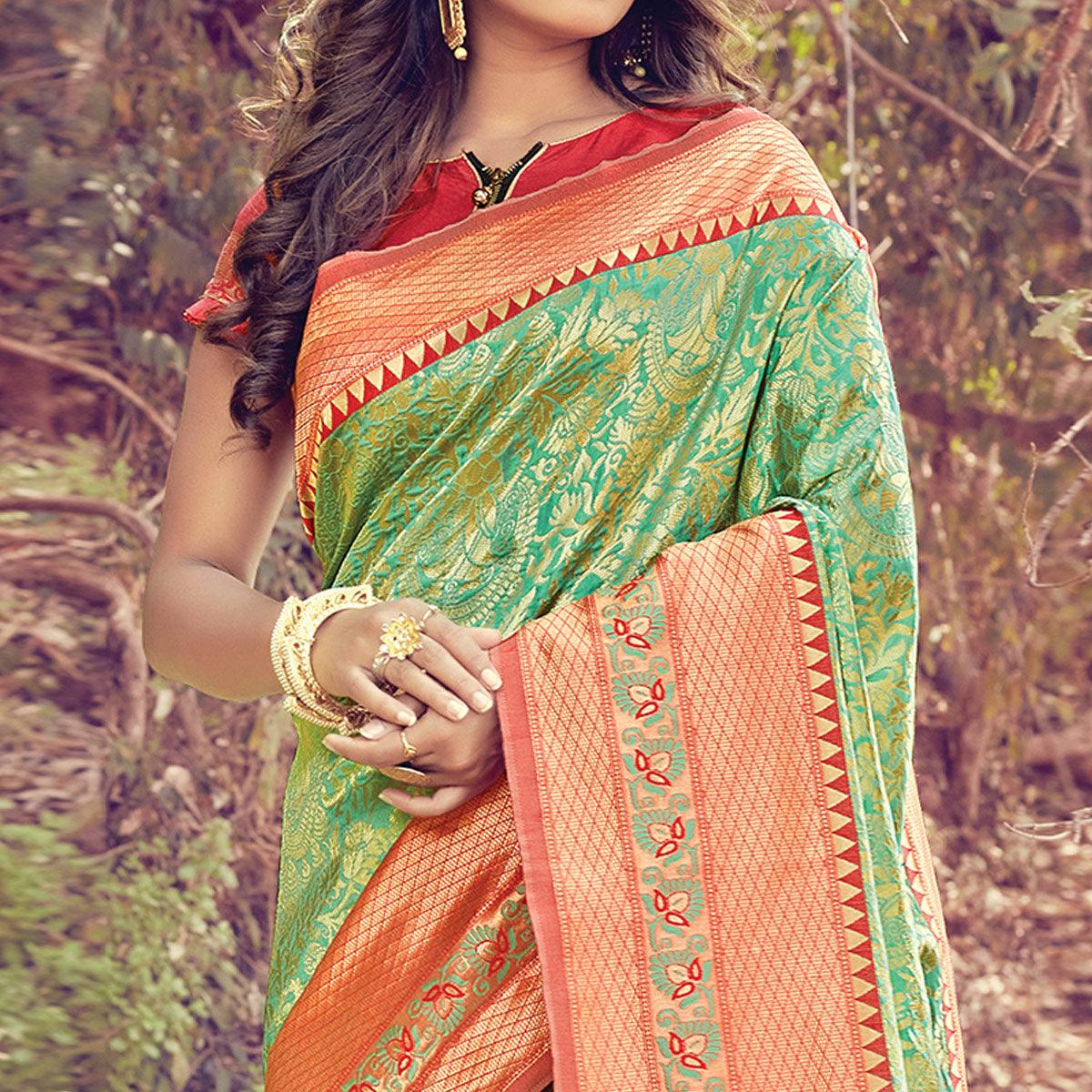 Mesmerising Green Colored Festive Wear Woven Silk Saree - Peachmode