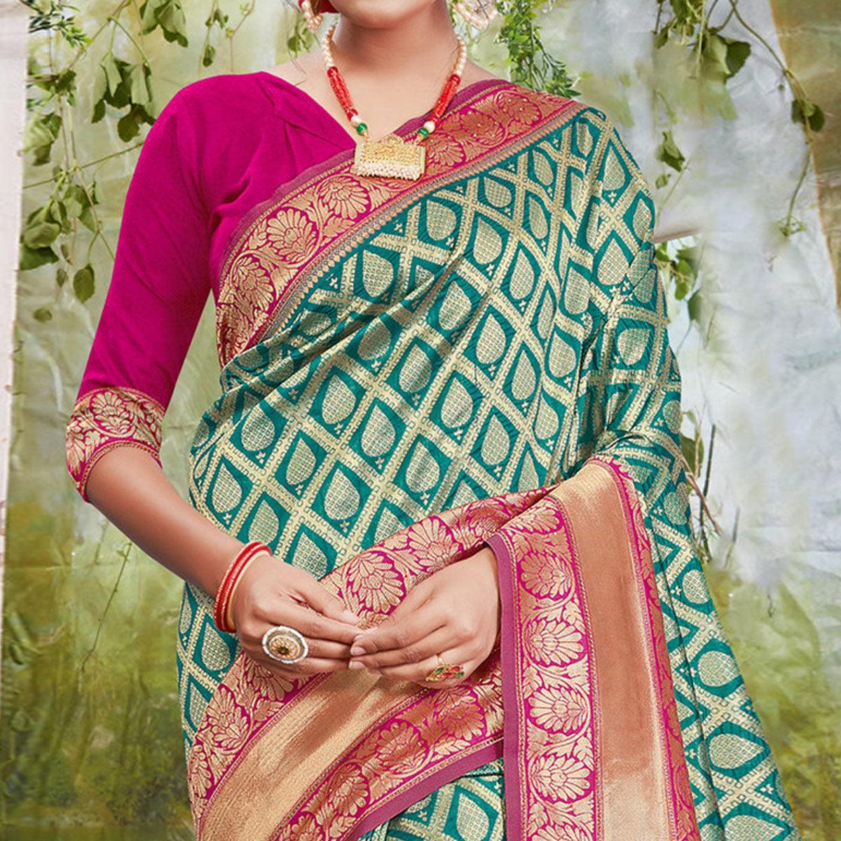 Mesmerising Green Coloured Festive Wear Woven Silk Saree - Peachmode