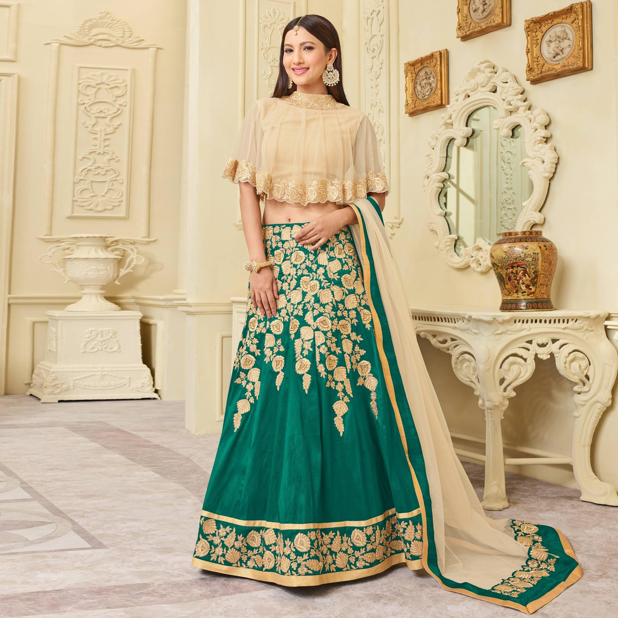 Mesmerising Green Designer Embroidered Mulberry Silk Lehenga Choli - Peachmode