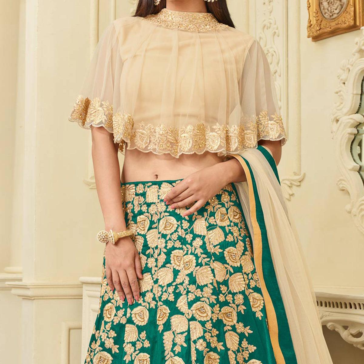 Mesmerising Green Designer Embroidered Mulberry Silk Lehenga Choli - Peachmode