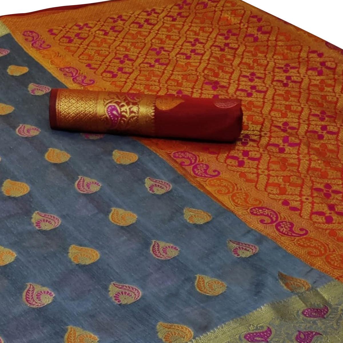 Mesmerising Grey Colored Festive Wear Woven Cotton Saree - Peachmode