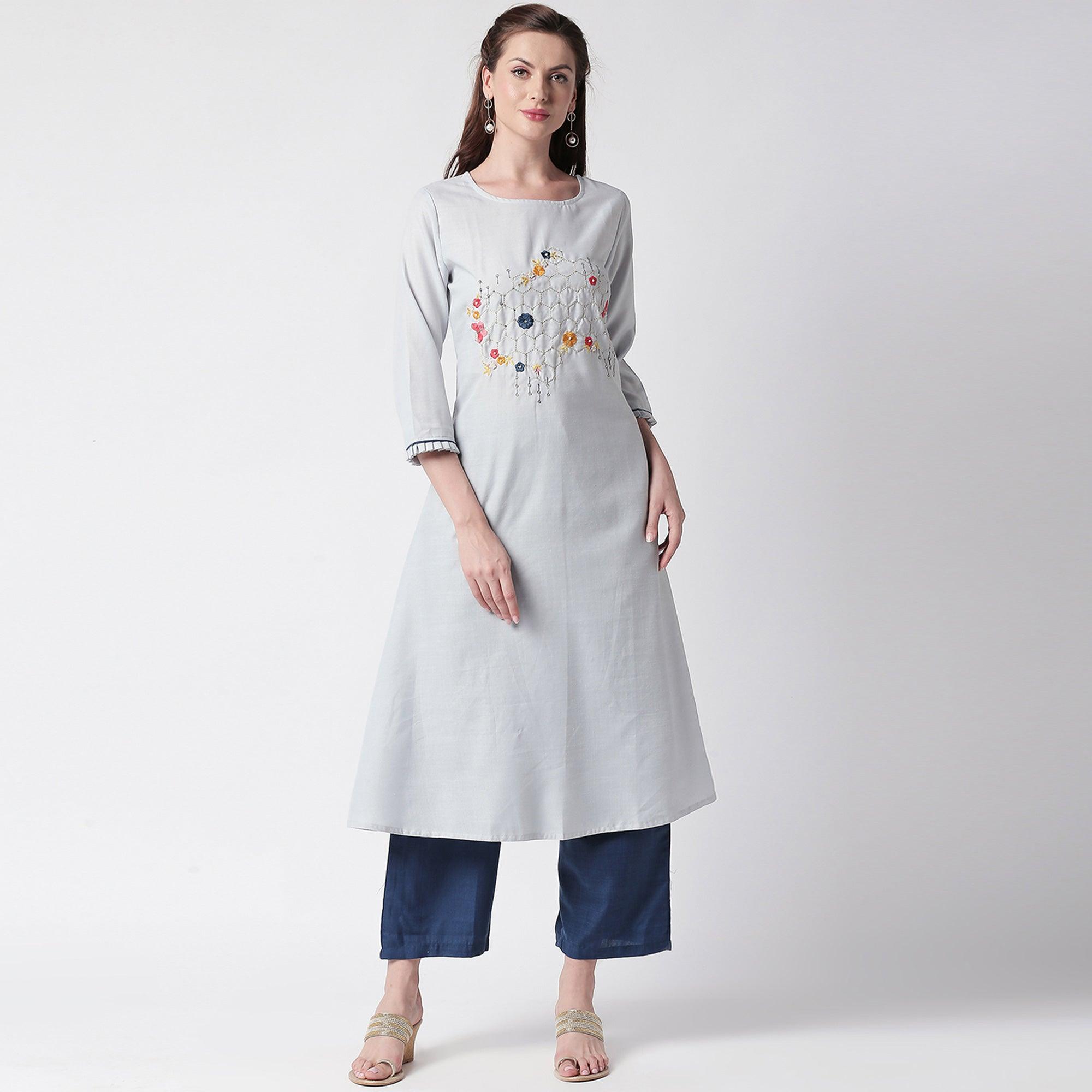 Mesmerising Grey Colored Partywear Embroidered Cotton Kurti-Palazzo Set - Peachmode