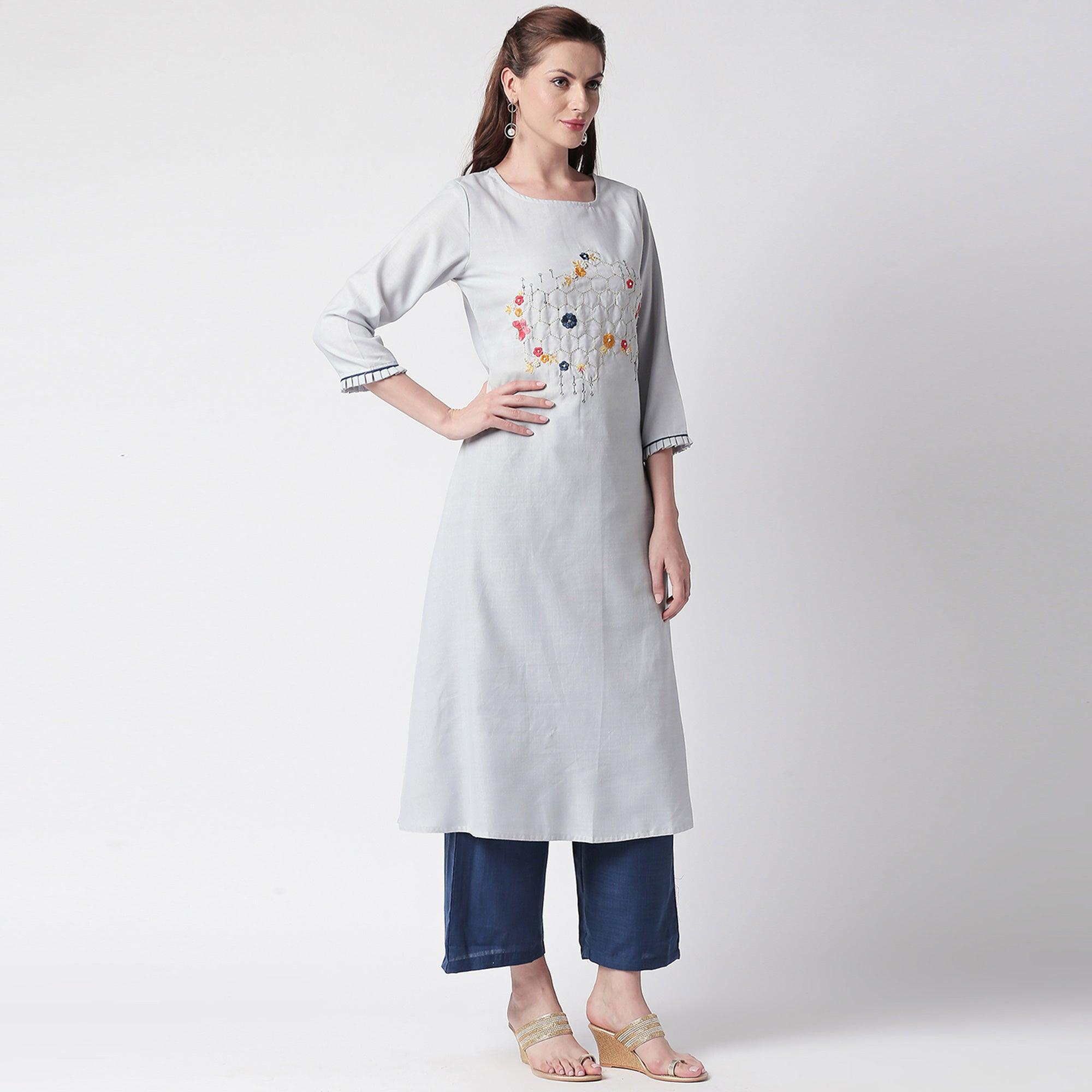 Mesmerising Grey Colored Partywear Embroidered Cotton Kurti-Palazzo Set - Peachmode
