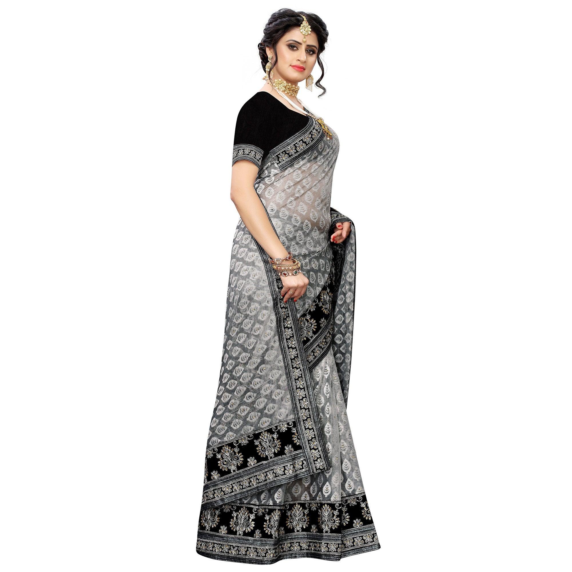 Mesmerising Grey Colored Partywear Embroidered Jacquard Saree - Peachmode