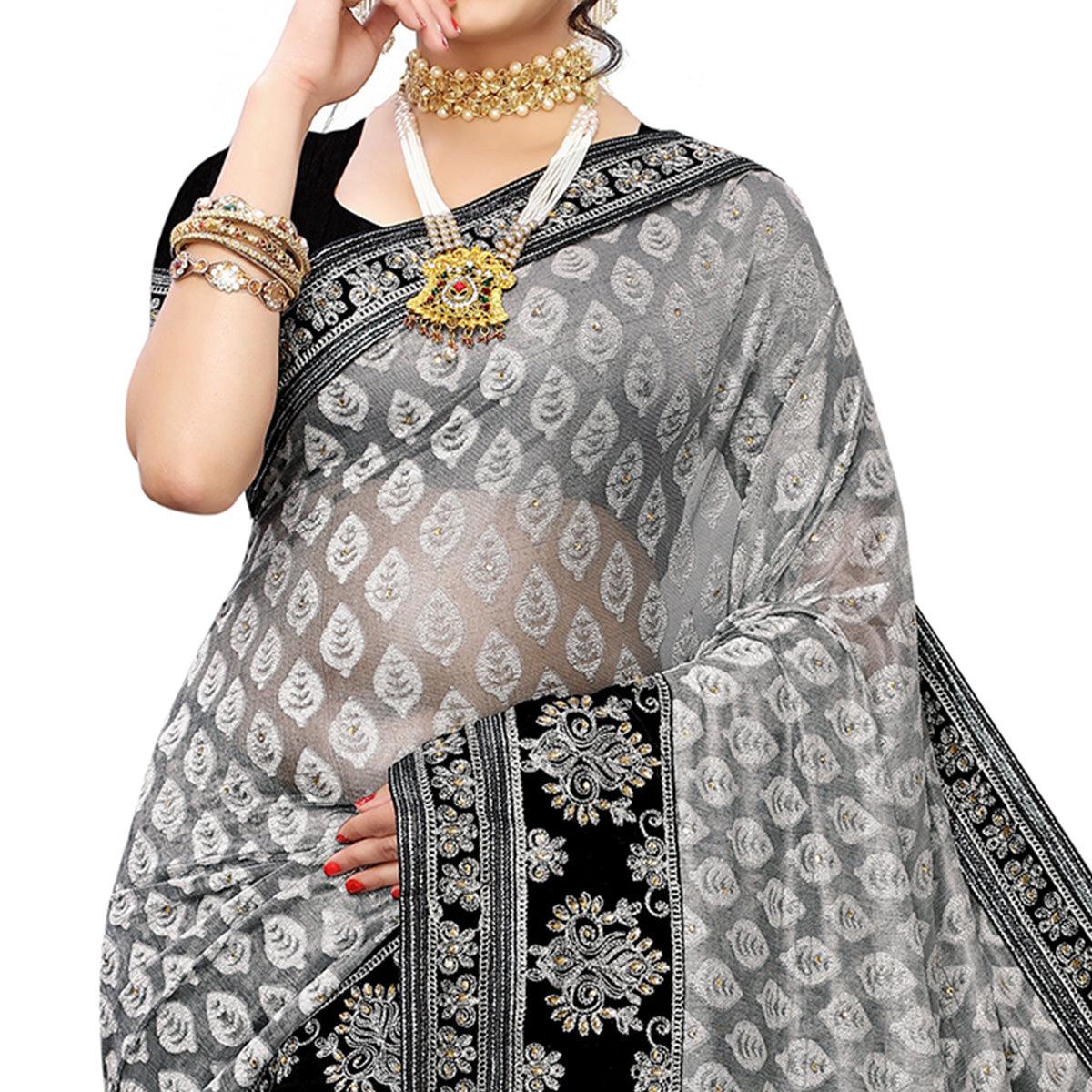 Mesmerising Grey Colored Partywear Embroidered Jacquard Saree - Peachmode