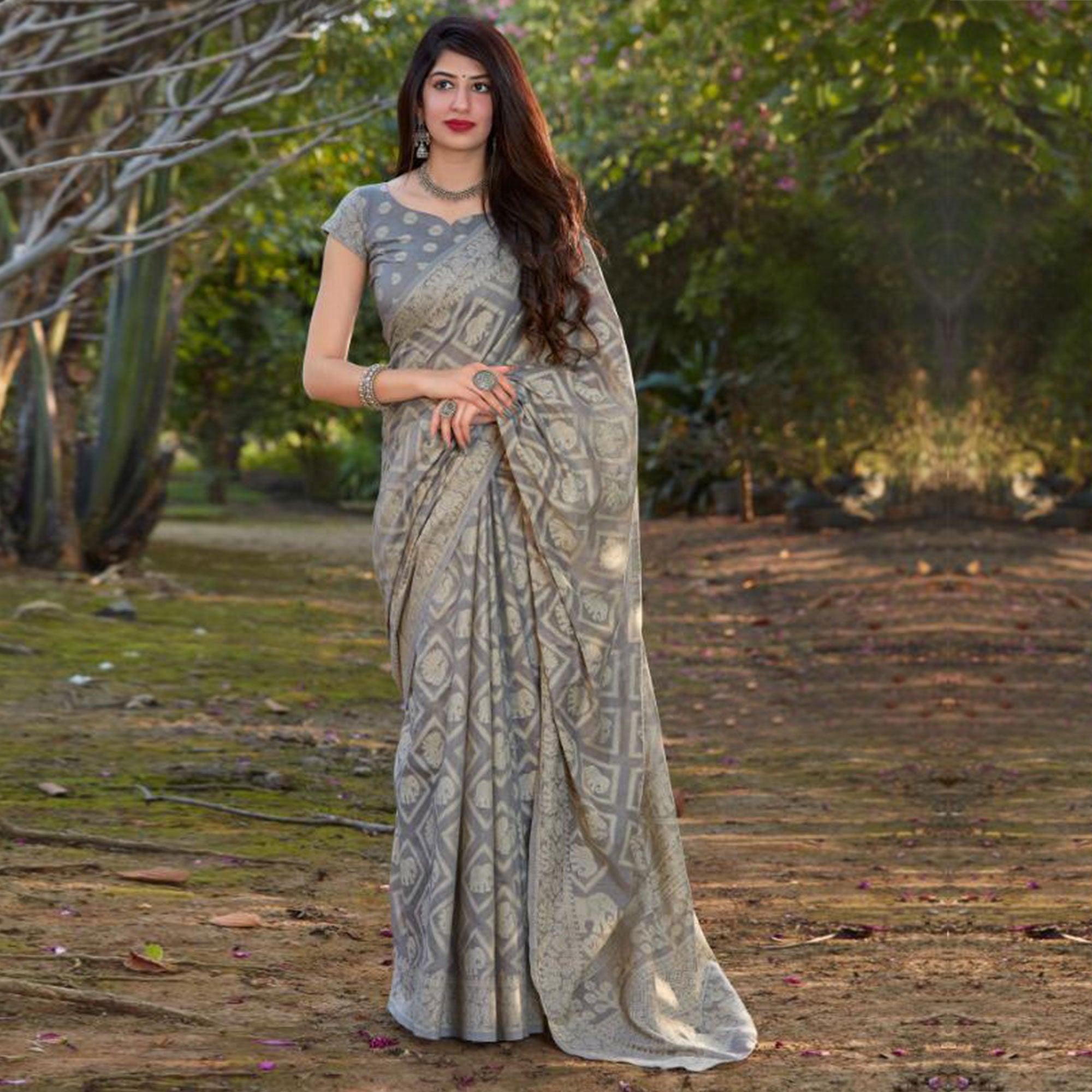Mesmerising Grey Coloured Casual Wear Printed Lakhnavi Cotton Silk - Peachmode