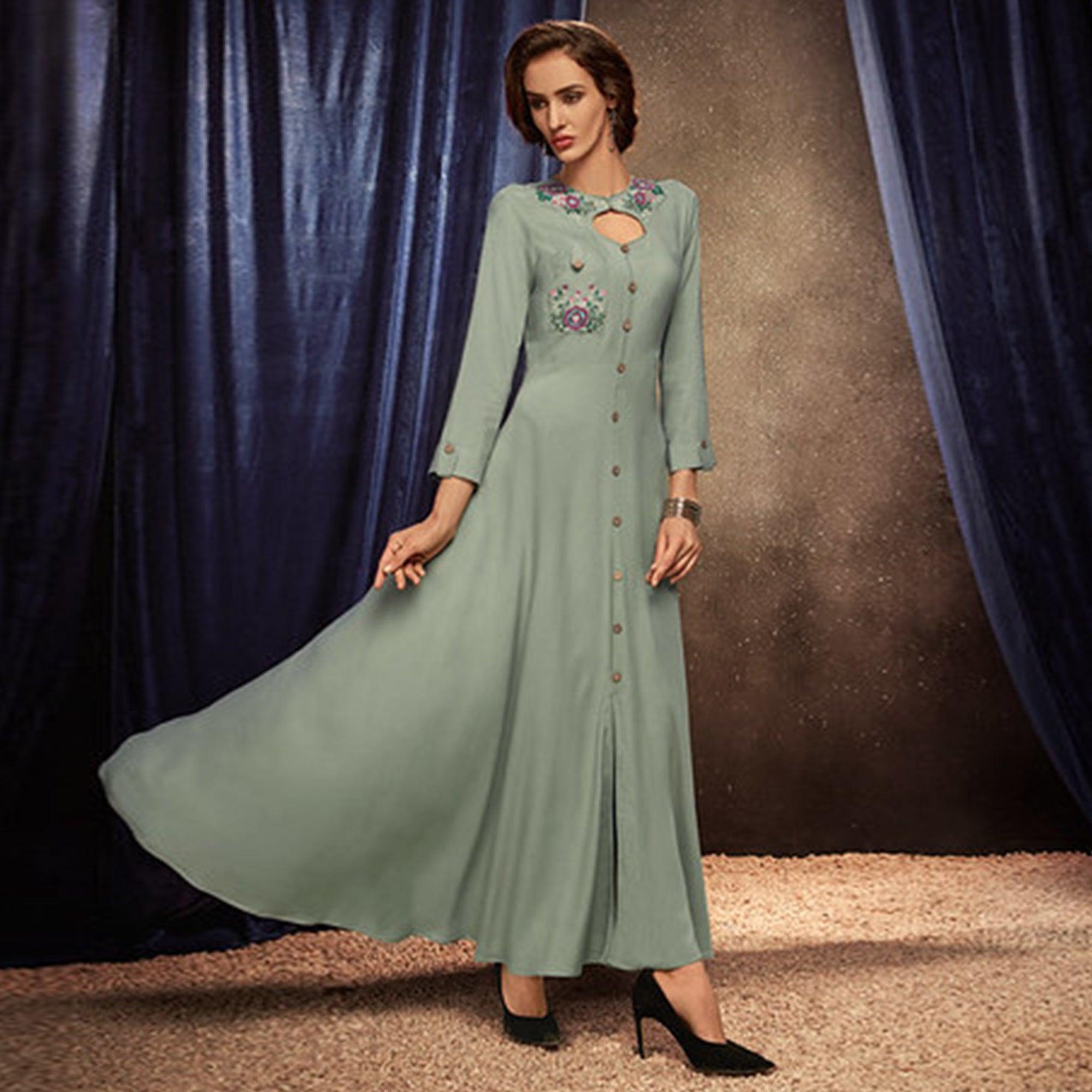 Mesmerising Light Pastel Green Colored Partywear Embroidered Rayon Long Kurti - Peachmode