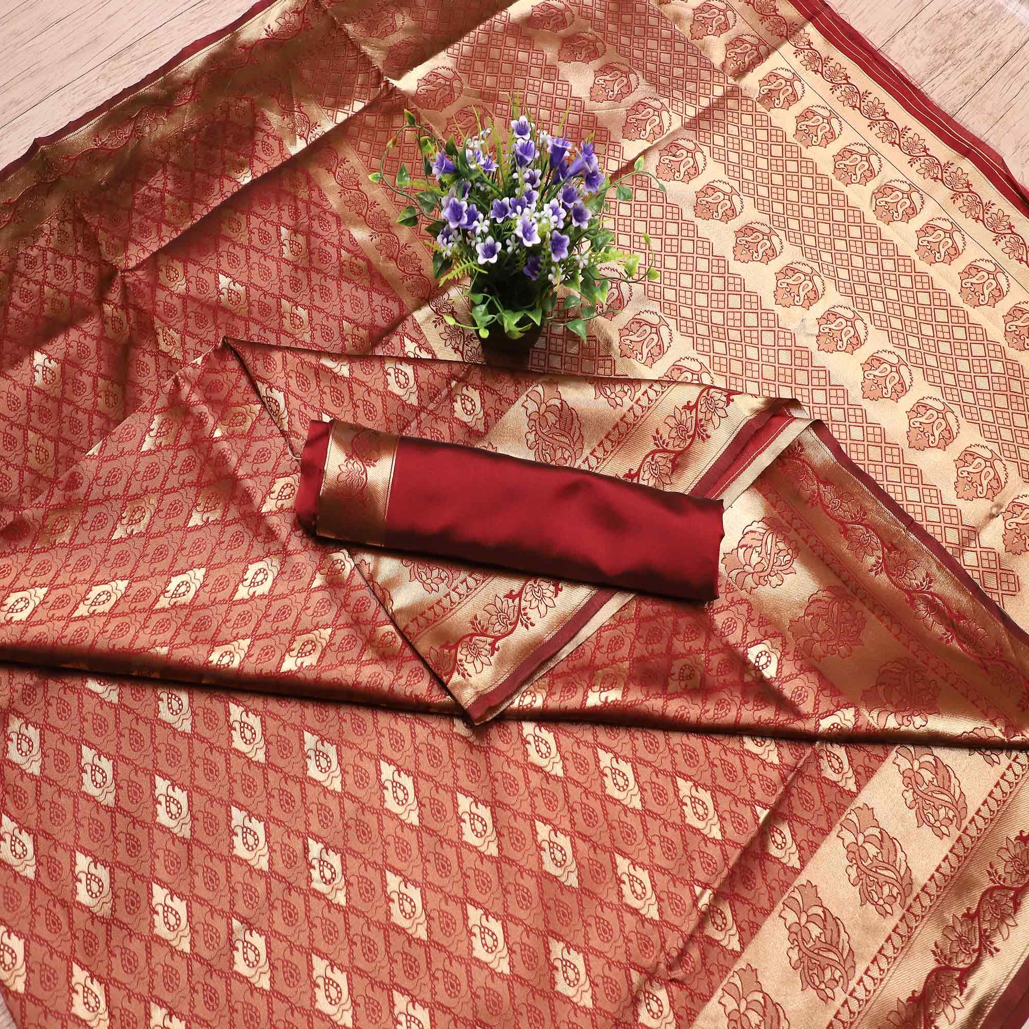 Mesmerising Maroon Colored Festive Wear Printed Banarasi Silk Saree - Peachmode