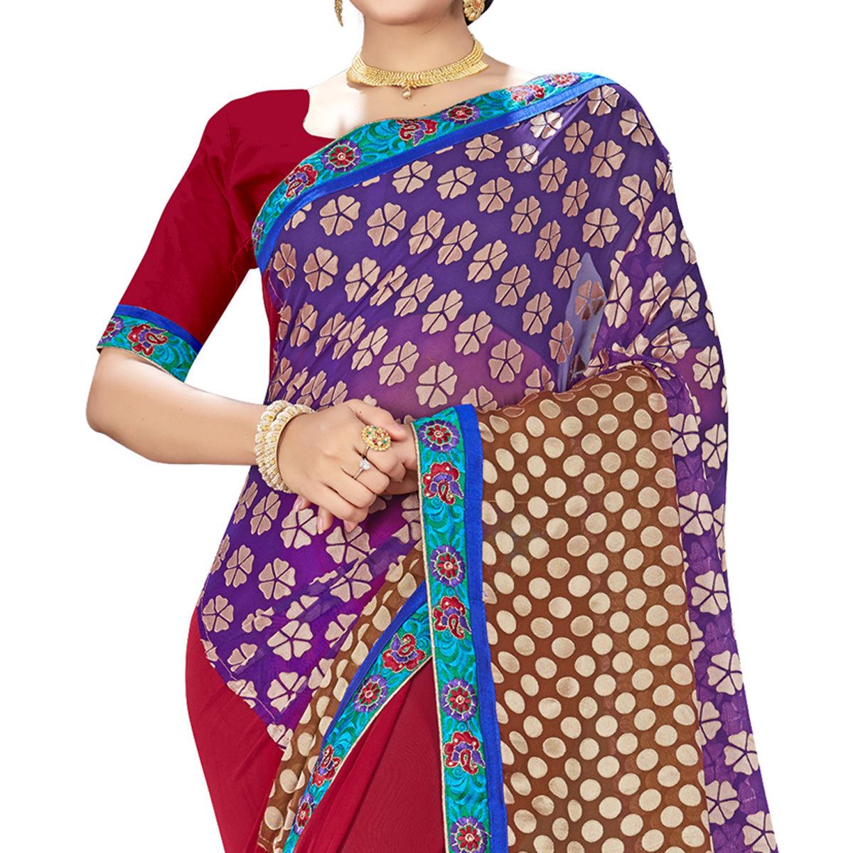 Mesmerising Maroon-Purple Colored Party Wear Embroidered Georgette Half-Half Saree - Peachmode