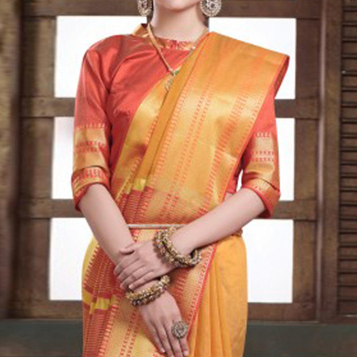 Mesmerising Mustard Yellow Colored Festive Wear Woven Cotton Handloom Saree - Peachmode