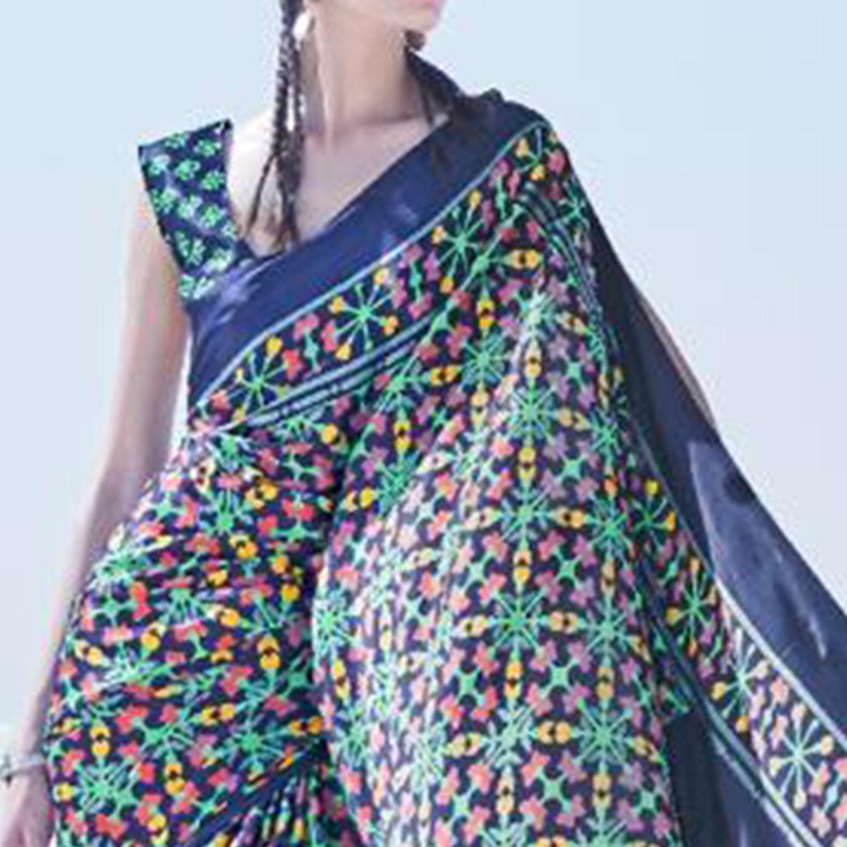 Mesmerising Navy Blue Colored Casual Wear Printed Satin Crepe Saree - Peachmode