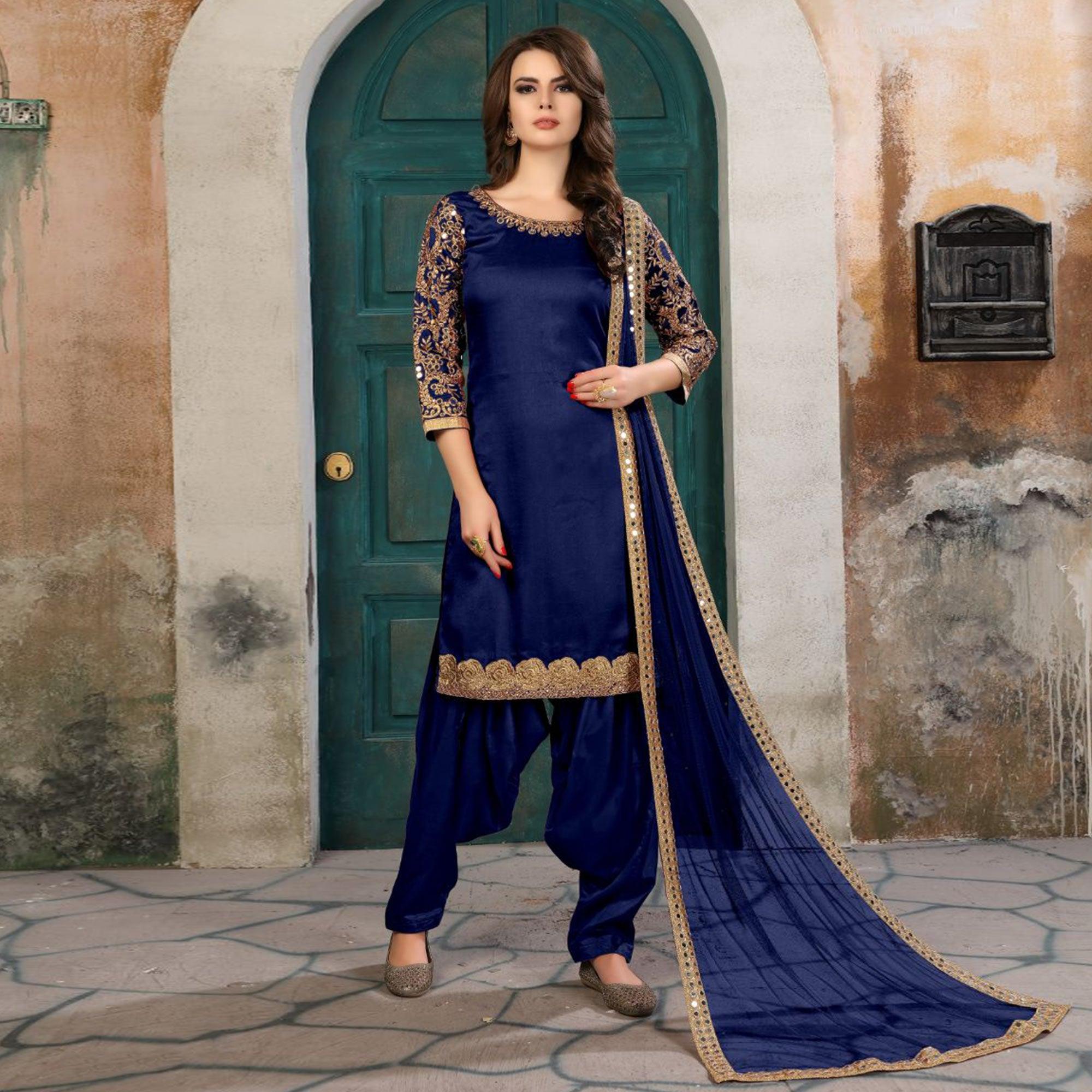 Mesmerising Navy Blue Colored Partywear Embroidered Art Silk Salwar Suit - Peachmode