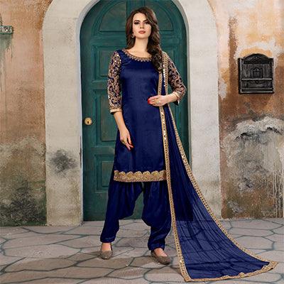 Mesmerising Navy Blue Colored Partywear Embroidered Art Silk Salwar Suit - Peachmode