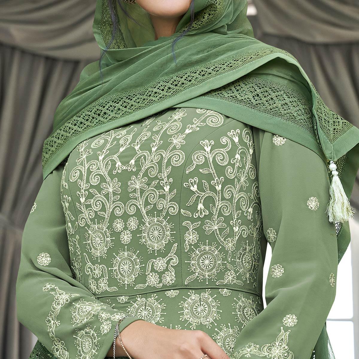 Mesmerising Olive Green Colored Partywear Embroidered Georgette Anarkali Suit - Peachmode