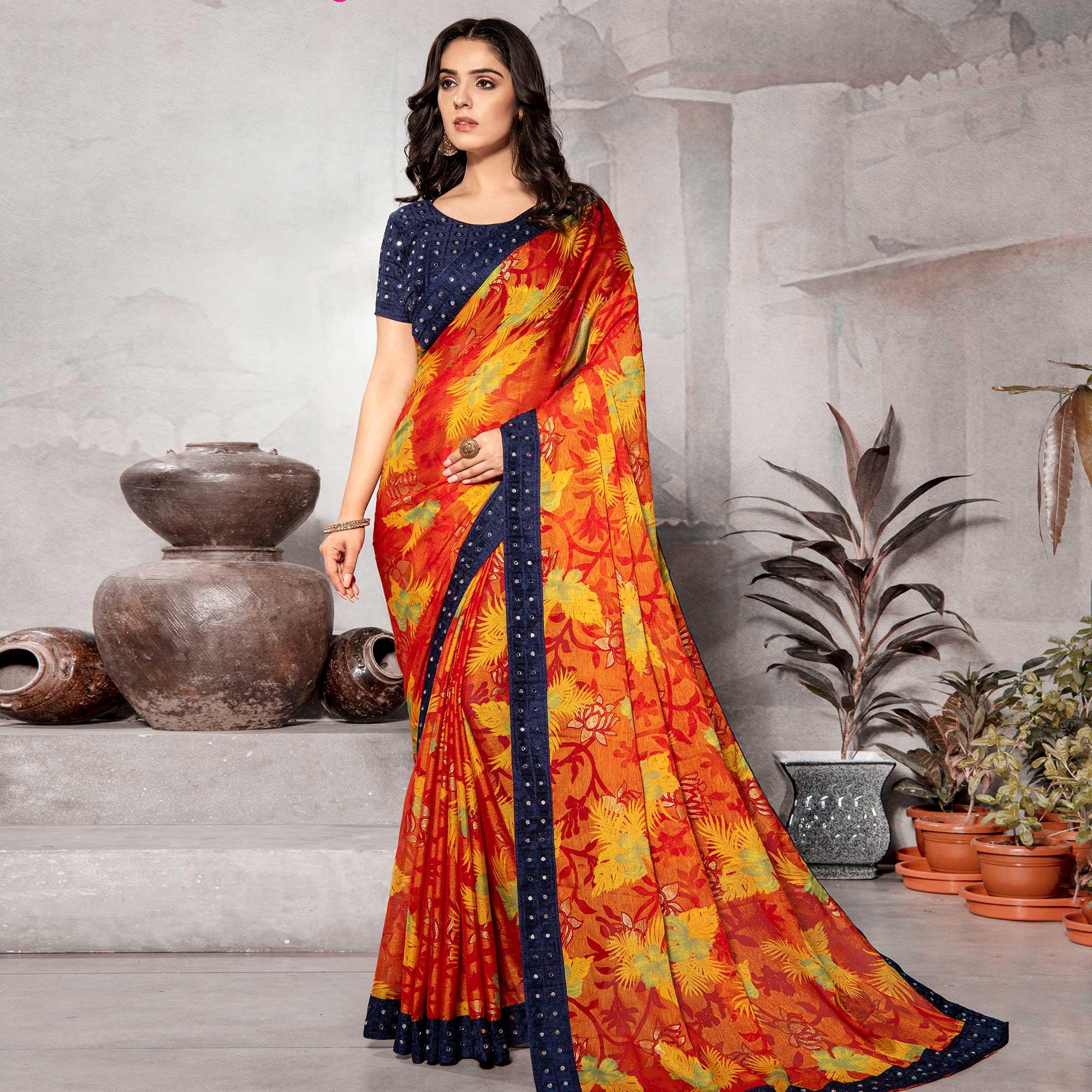 Mesmerising Orange Colored Partywear Embroidered Chiffon Brasso Saree - Peachmode