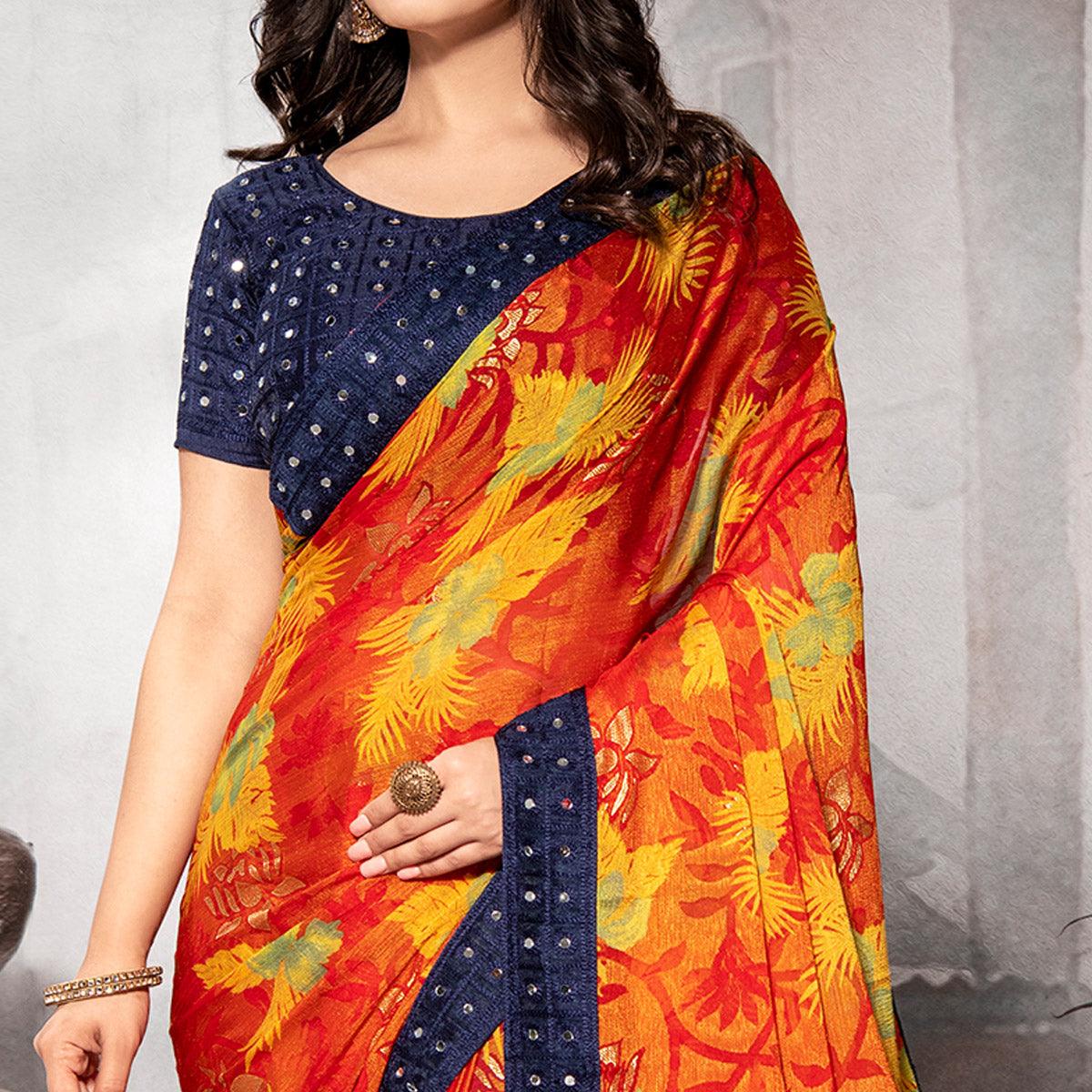 Mesmerising Orange Colored Partywear Embroidered Chiffon Brasso Saree - Peachmode