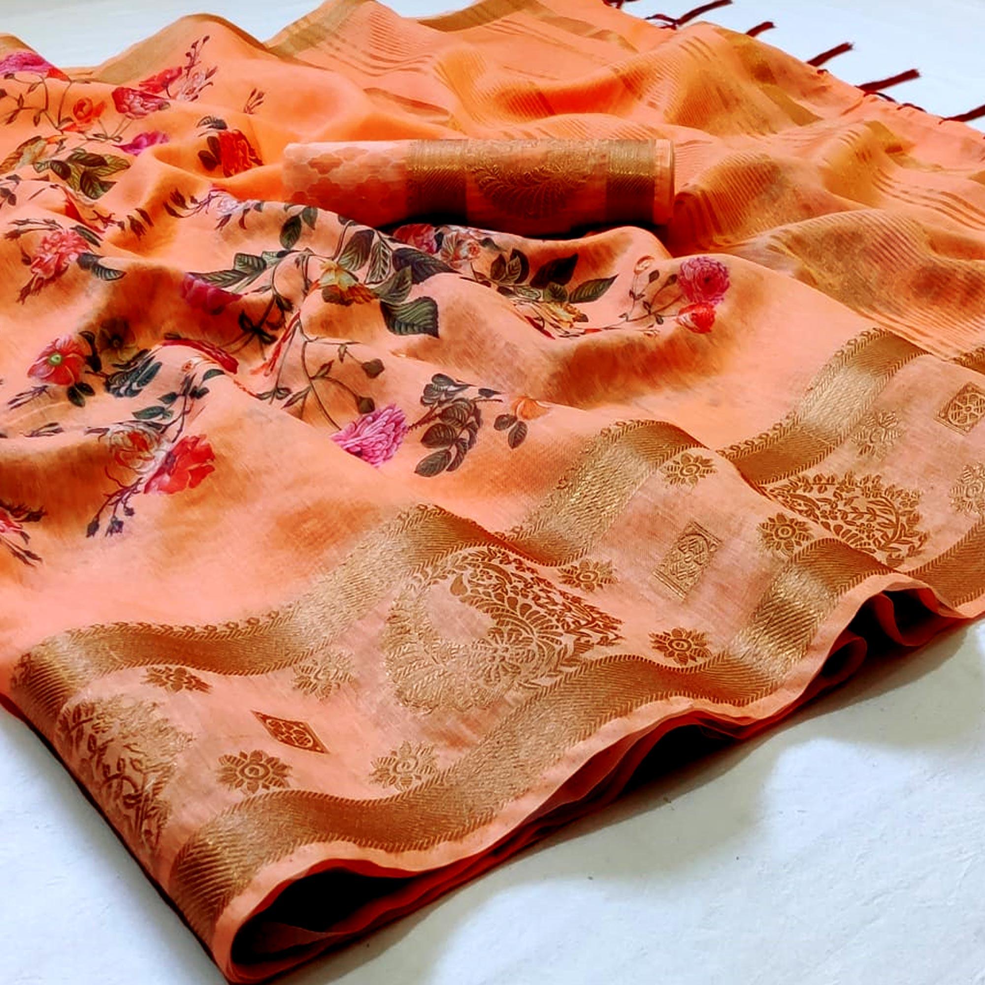 Mesmerising Peach Colored Festive Wear Woven Banarasi Silk Saree - Peachmode